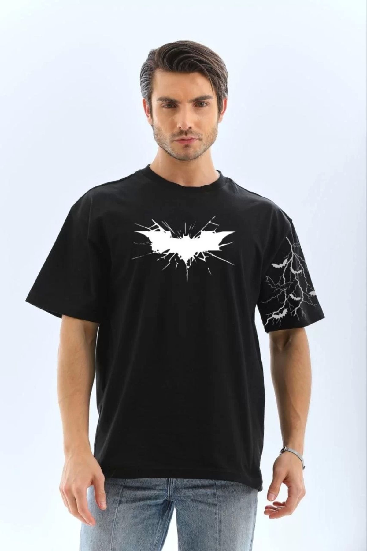 MODA Unisex Ön ve Kol Baskılı Oversize T-shirt - Siyah