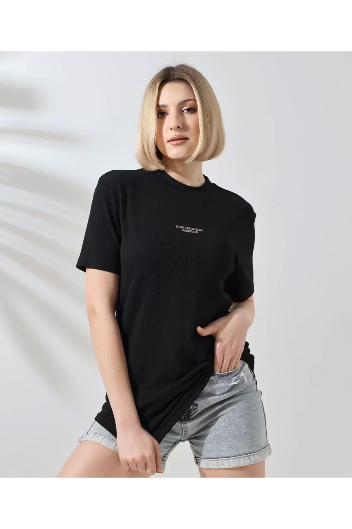 MODA Unisex Bisiklet Yaka Baskılı Slim Fit T-Shirt - Siyah