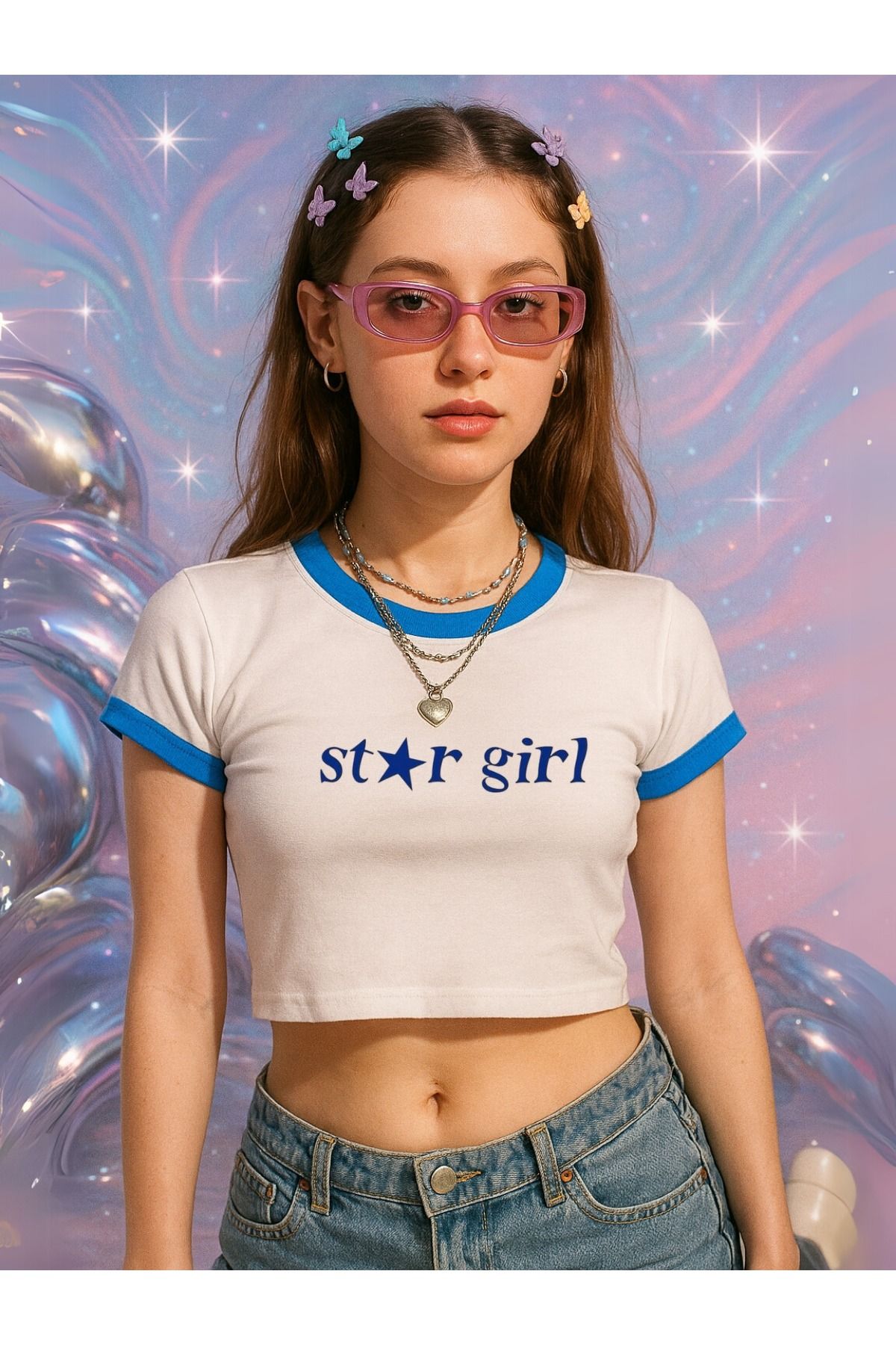 Touz Moda Mavi Biyeli Star Girl Baskılı Beyaz Body Crop Bluz