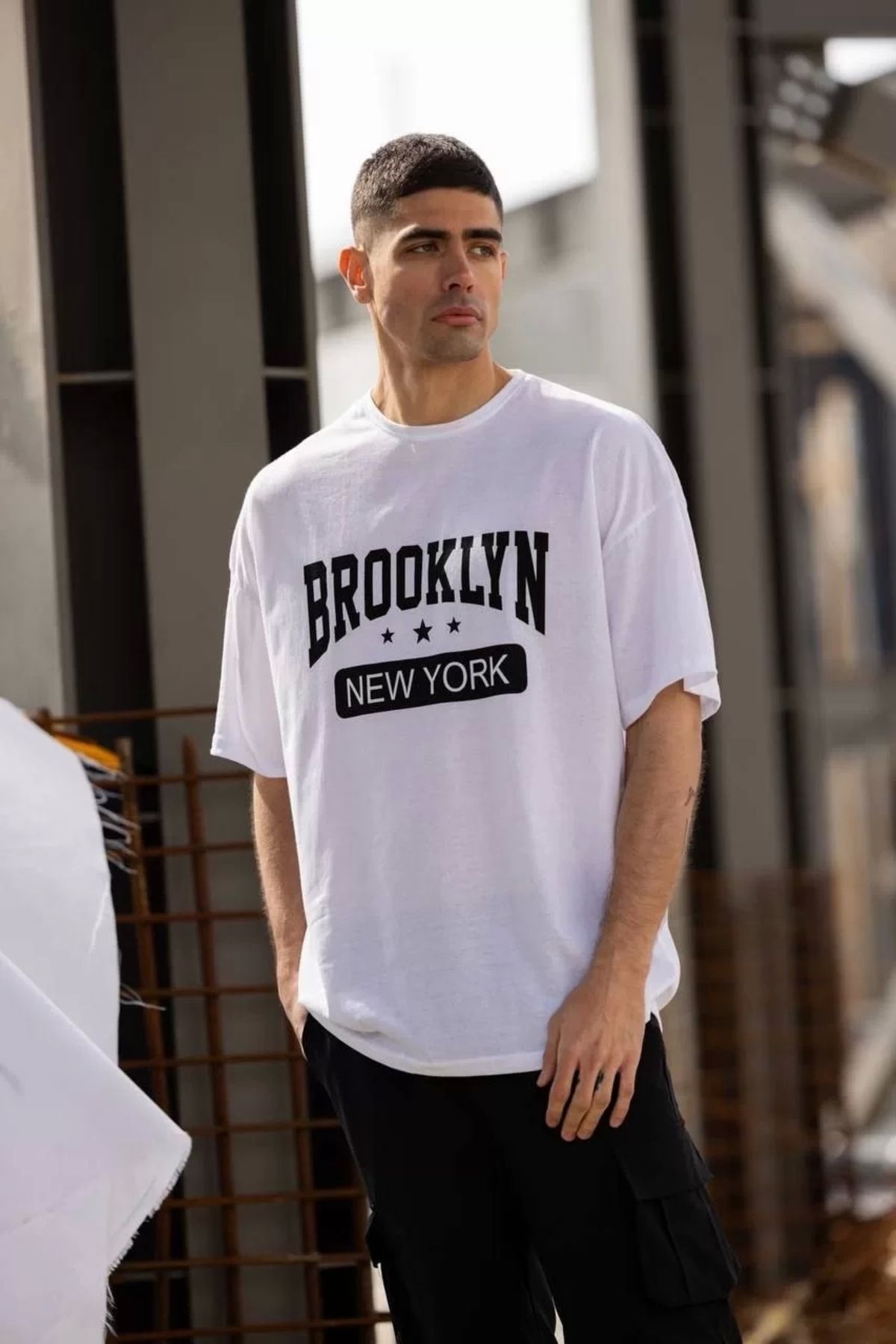 MODA Unisex Bisiklet Yaka Baskılı Oversize T-Shirt - Beyaz