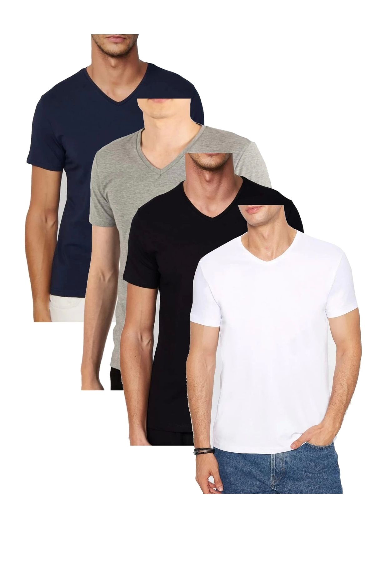 PHANTOM JEANS Erkek 4'lü Paket Likralı Şık Pamuklu Yumuşak Dokulu Slim Fit V Yaka Basic Tişört