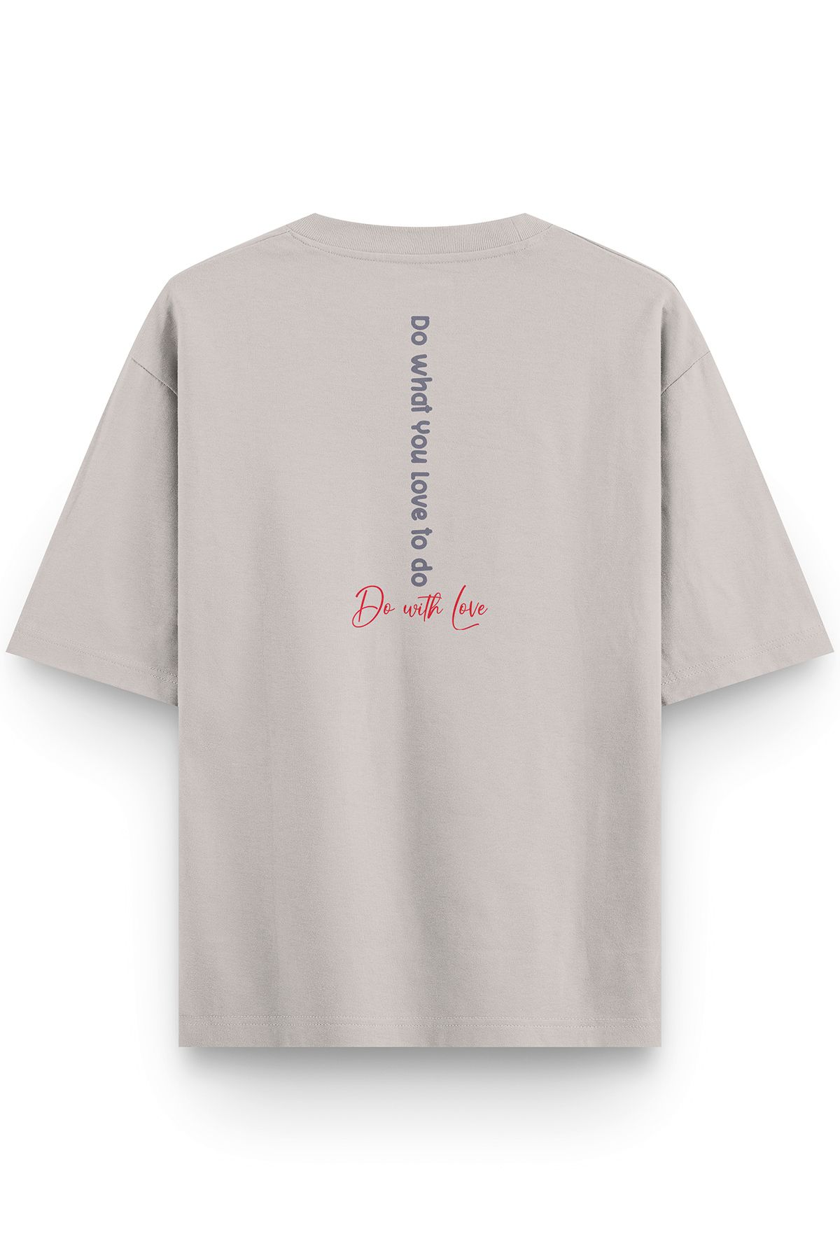 Overoz Taş Rengi Yarı Oversize Tshirt Do With Love Baskılı Oversize Yazılı Unisex Tişört 1382-Taş