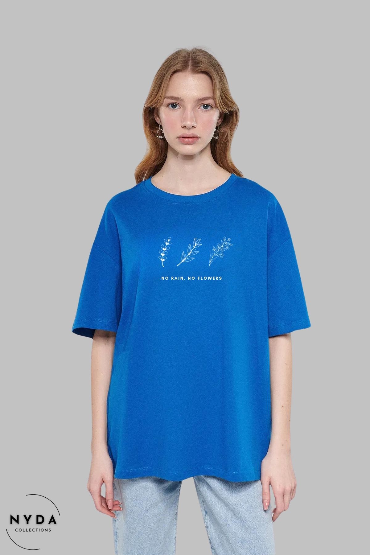 Nyda Collections Kadın Bisiklet Yaka Minimal Çiçek Baskılı Pamuk Oversize Kısa Kollu Tişört