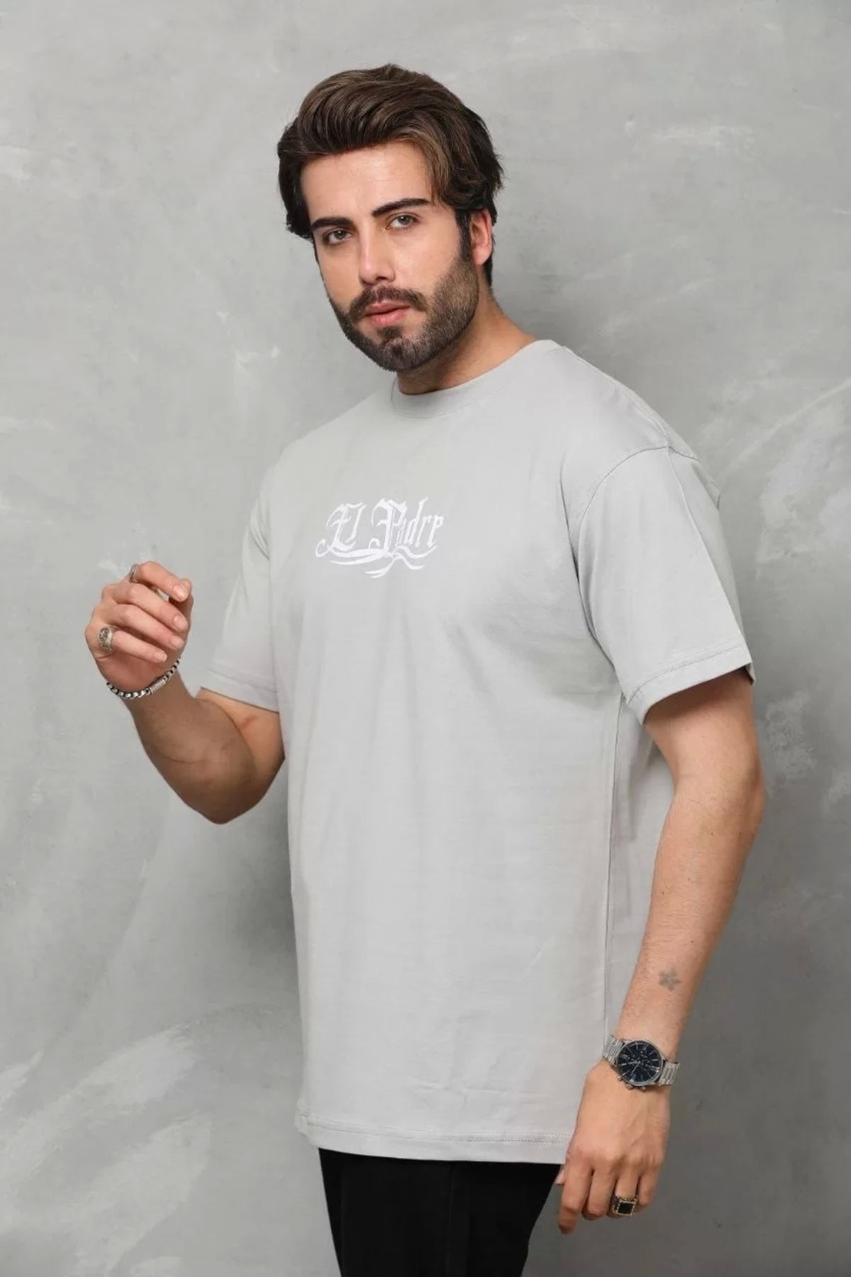 MODA Unisex Bisiklet Yaka Baskılı Oversize T-Shirt - Gri