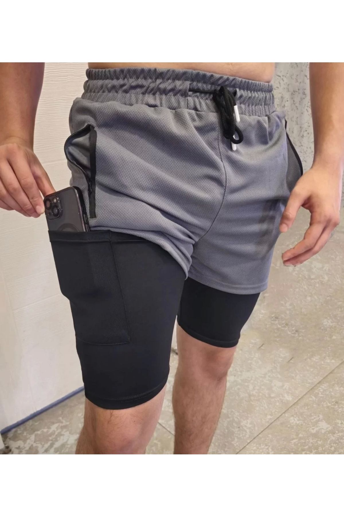 MODA İç Cepli Sporcu Alt Taytlı Şort - GRİ
