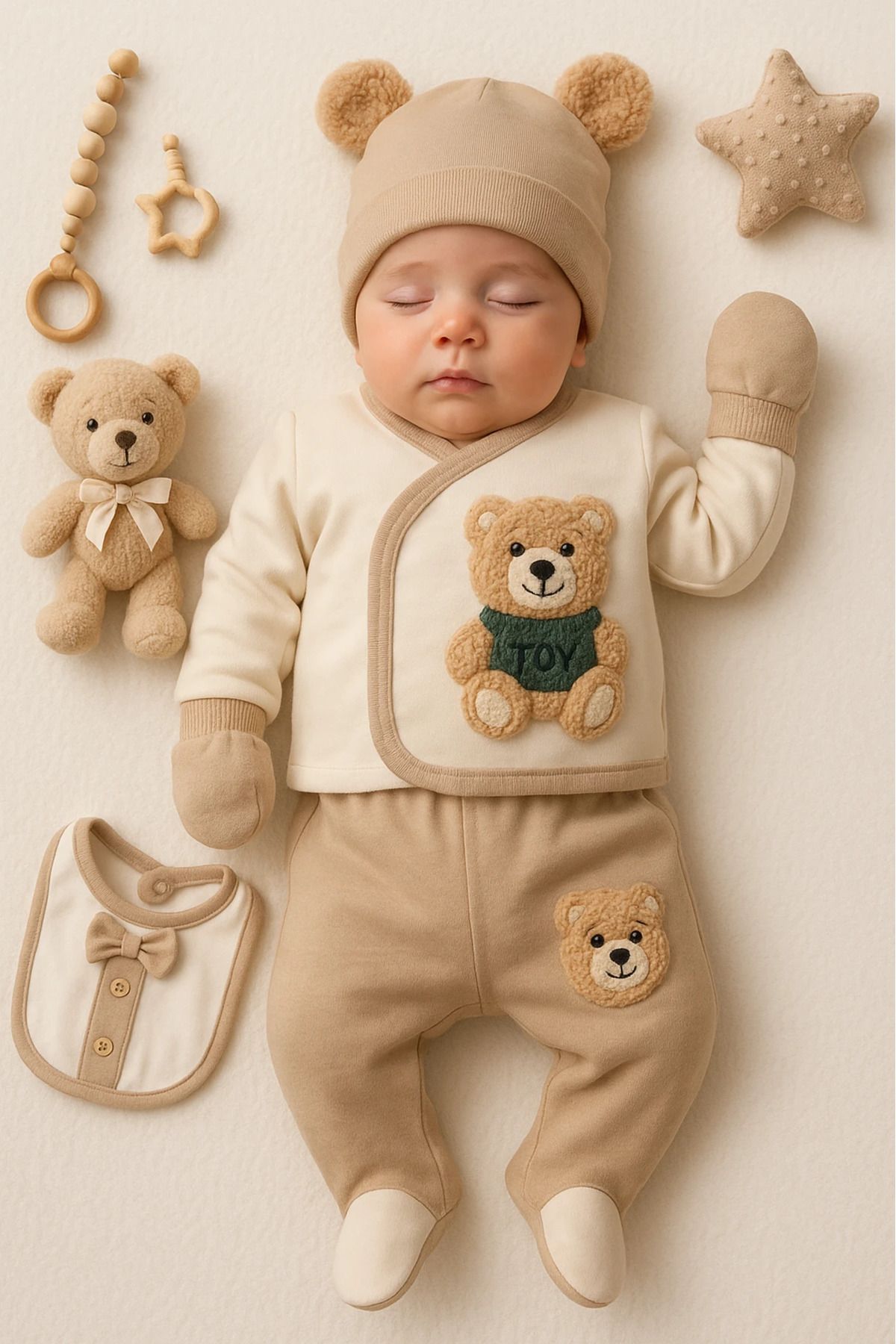 HAVUÇ BEBEK Coşay Toy Ayıcık Nakışlı 5 Parça Hastane Çıkışı Seti