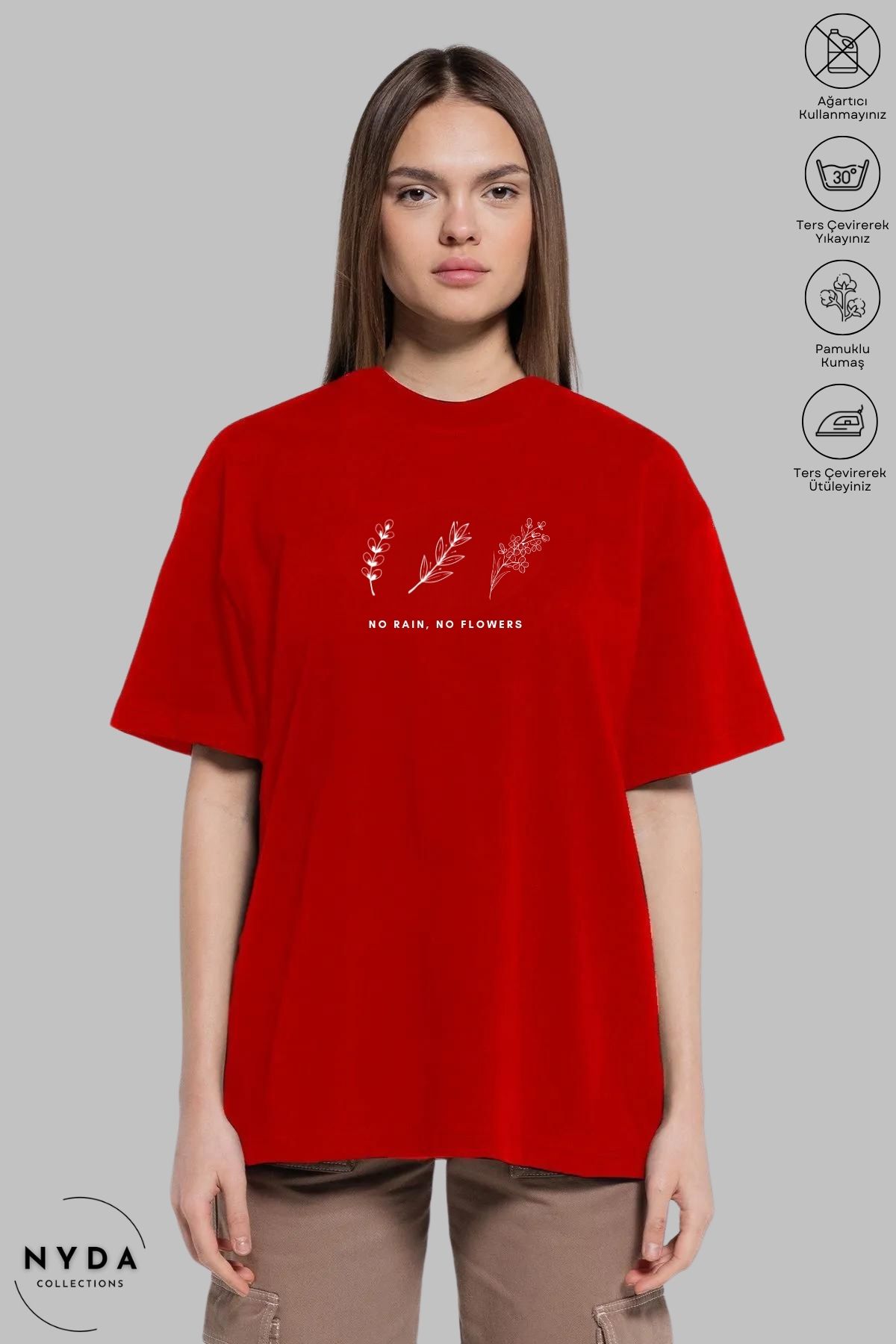 Nyda Collections Kadın Bisiklet Yaka Minimal Çiçek Baskılı Pamuk Oversize Kısa Kollu Tişört
