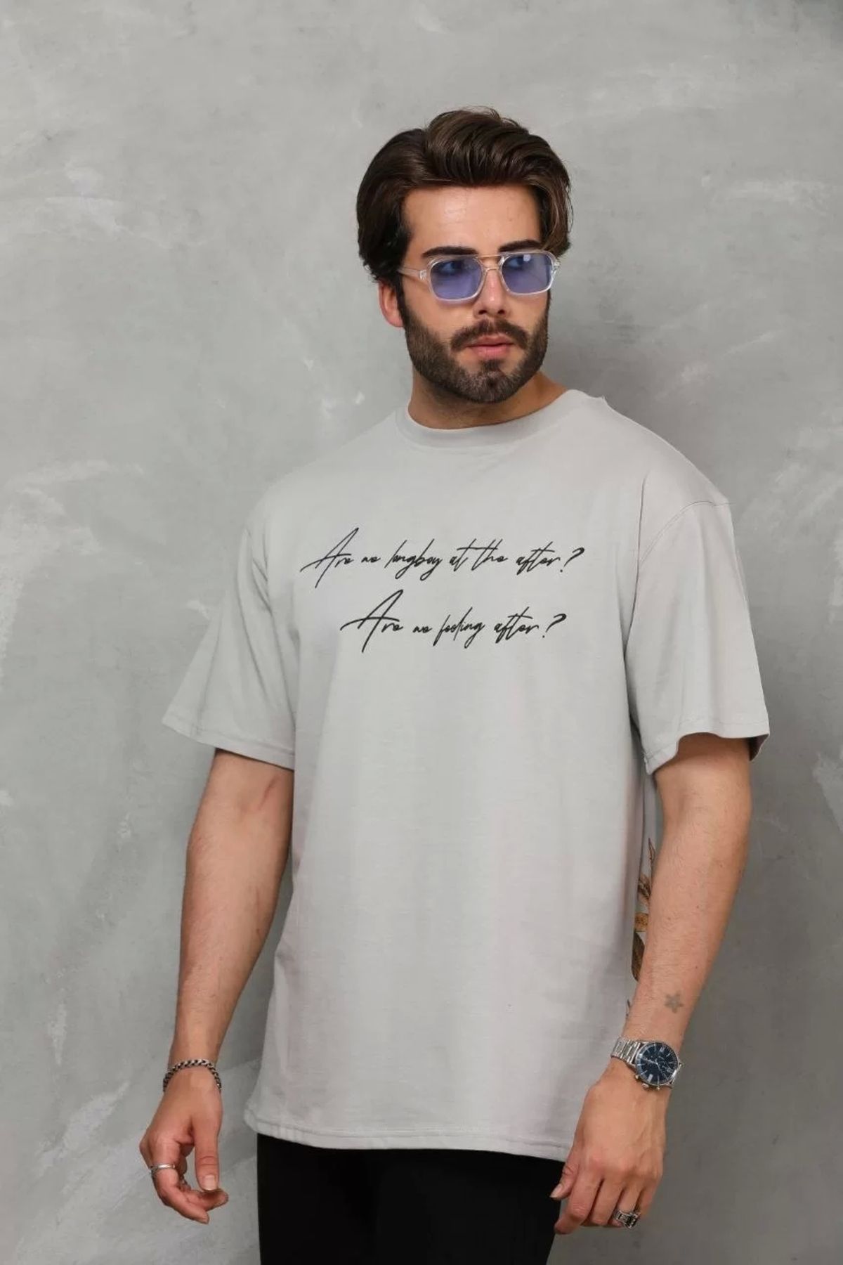 MODA Unisex Bisiklet Yaka Baskılı Oversize T-Shirt - Gri
