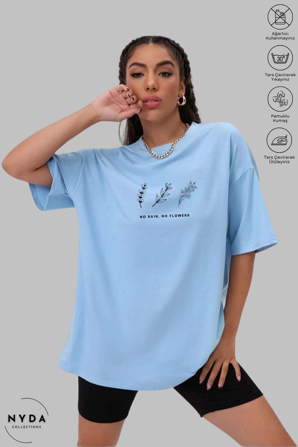 Nyda Collections Kadın Bisiklet Yaka Minimal Çiçek Baskılı Pamuk Oversize Kısa Kollu Tişört