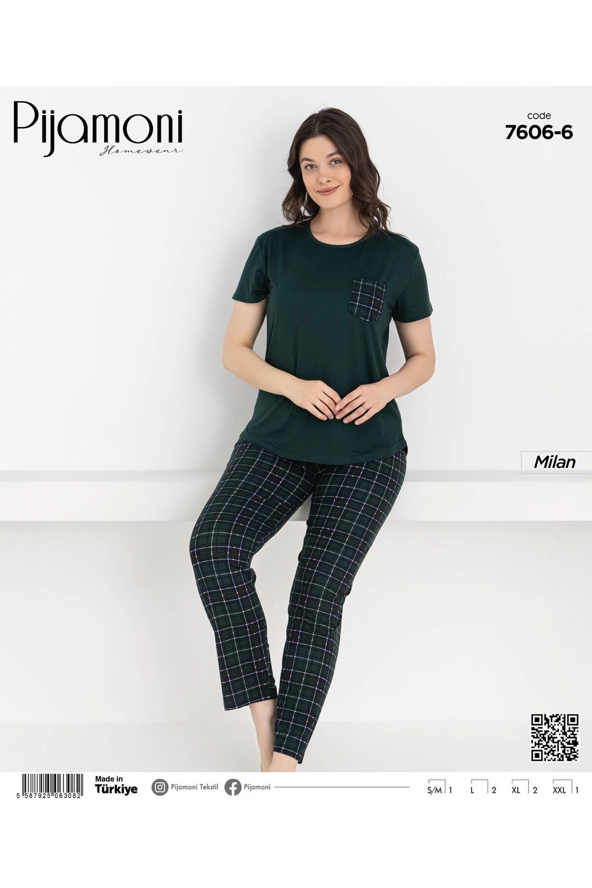 Pijamoni Bambu Milan Kumaş Acı Yeşil Renkli Sıfır Yaka Kısa Kollu Kadın Pijama Takımı