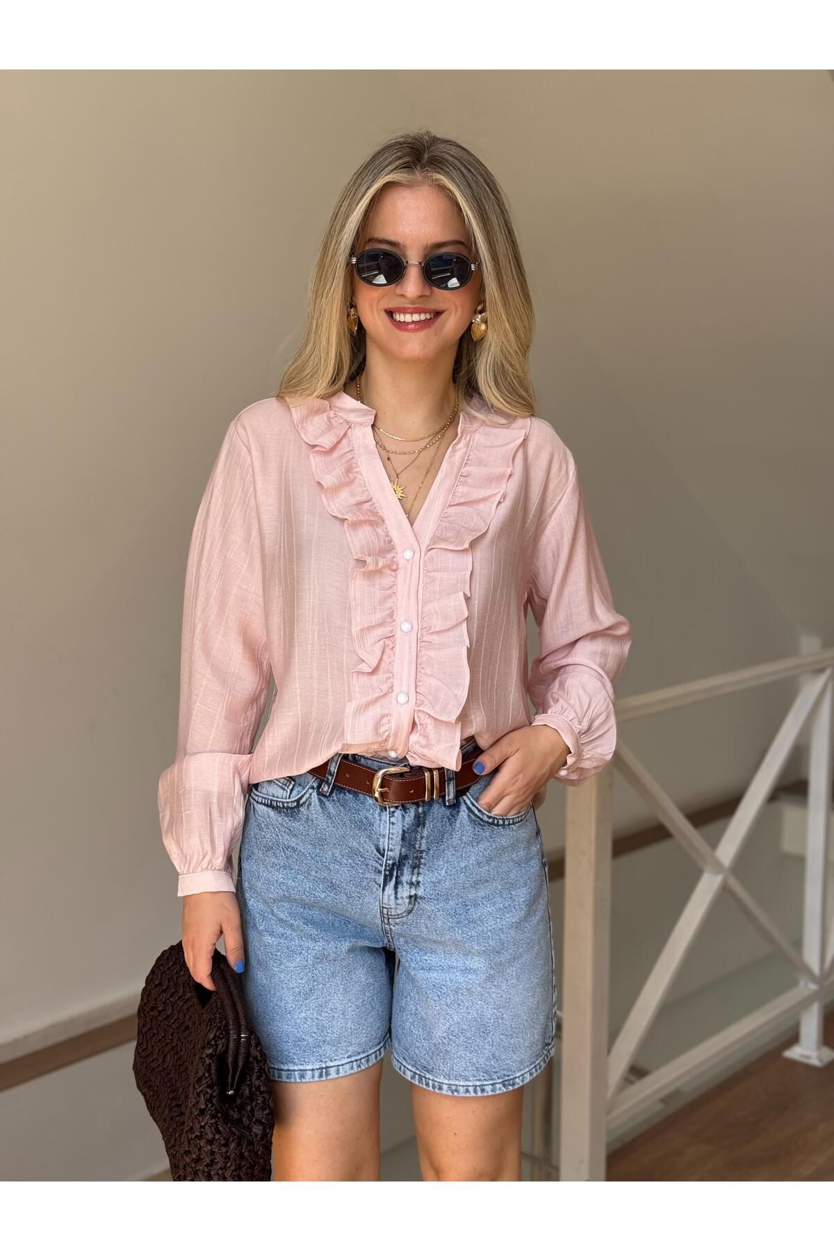 2she Önü Fırfırlı Çizgili Gömlek - Pembe