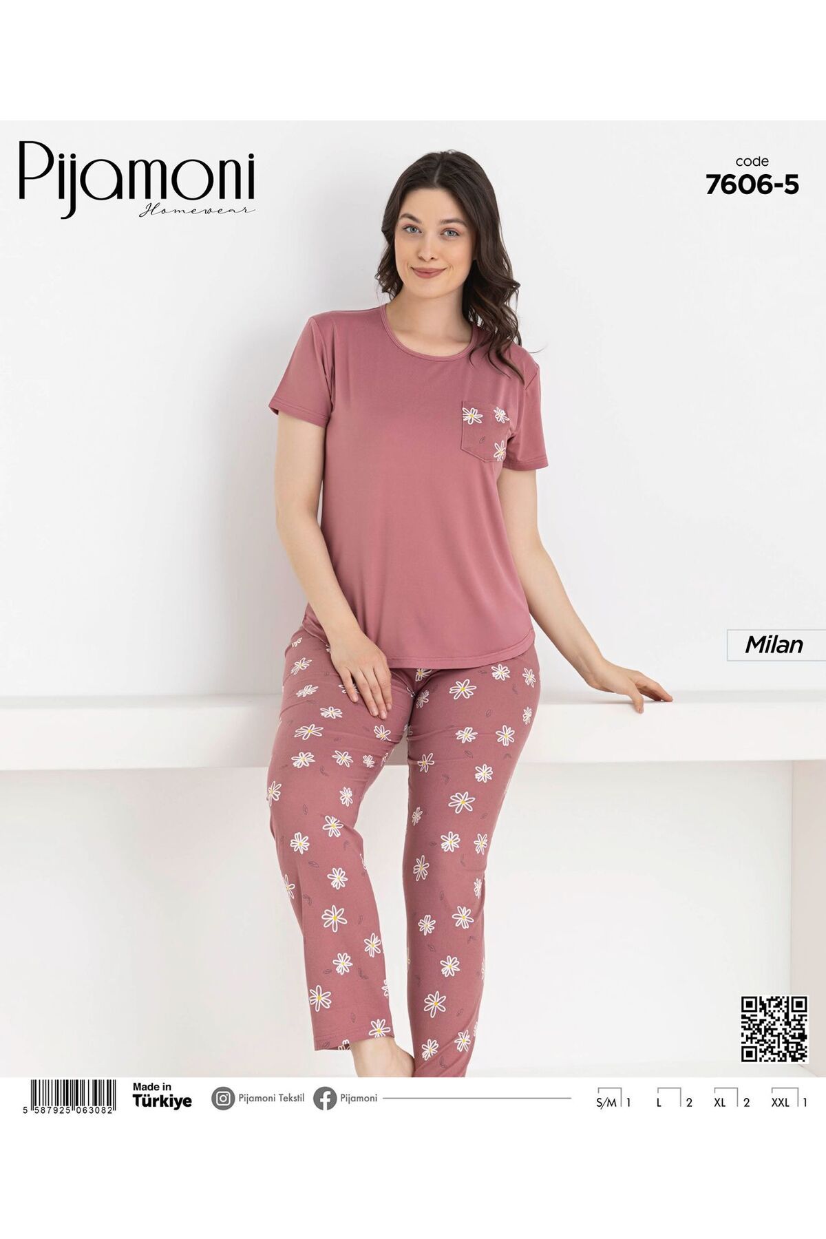Pijamoni Bambu Milan Kumaş Gül Kurusu Renkli Sıfır Yaka Kısa Kollu Kadın Pijama Takımı