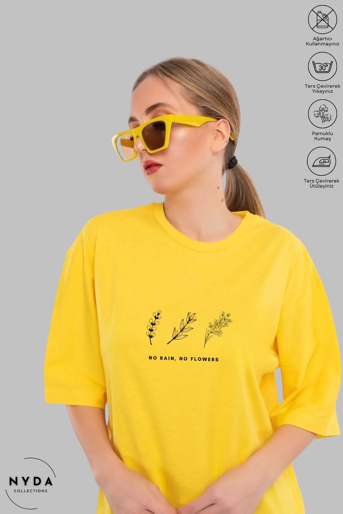 Nyda Collections Kadın Bisiklet Yaka Minimal Çiçek Baskılı Pamuk Oversize Kısa Kollu Tişört