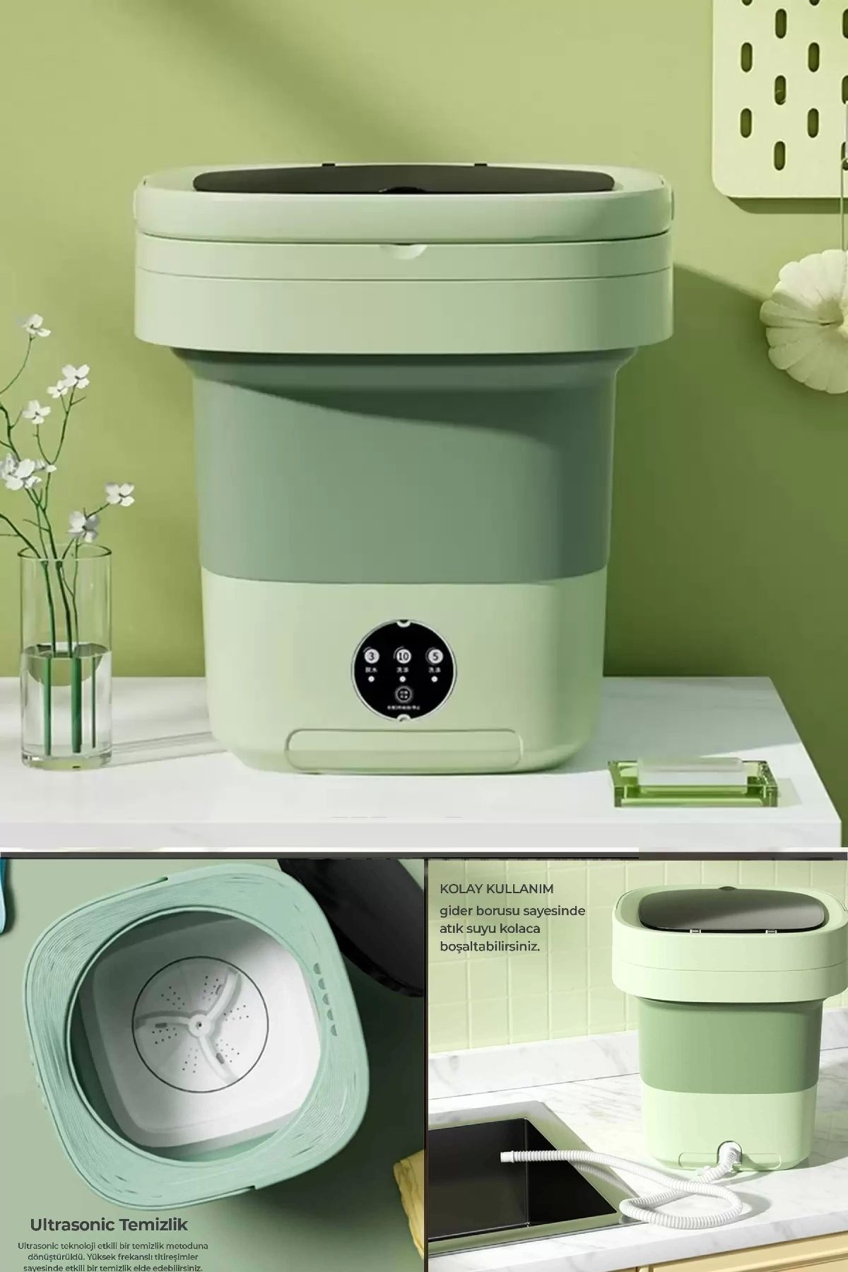 Berdina Home Katlanır Mini Çamaşır Makinesi Yeşil Taşınabilir Retro Silikon Çorap Iç Çamaşırı Yıkayıcı 10 Lt