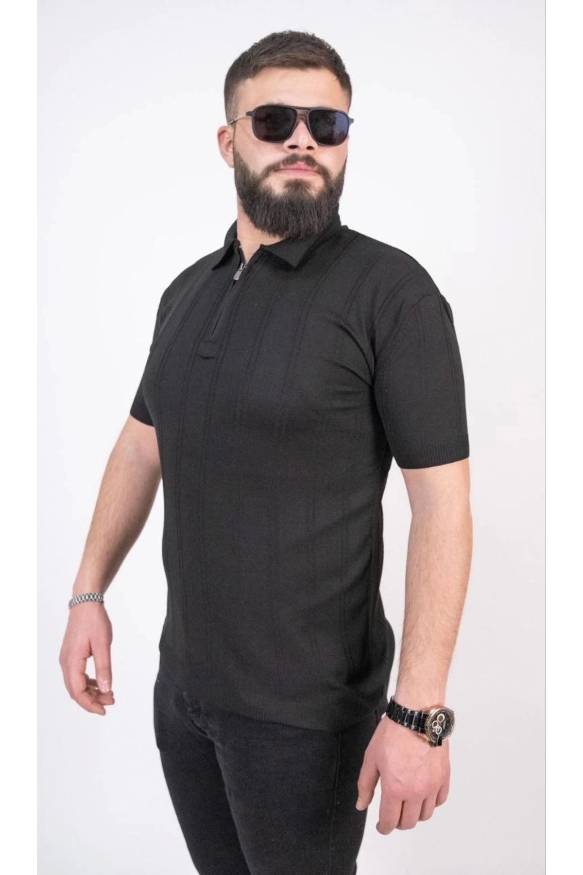 MODA Triko Dokuma Yarım Fermuarlı Yakalı T-shirt - Siyah