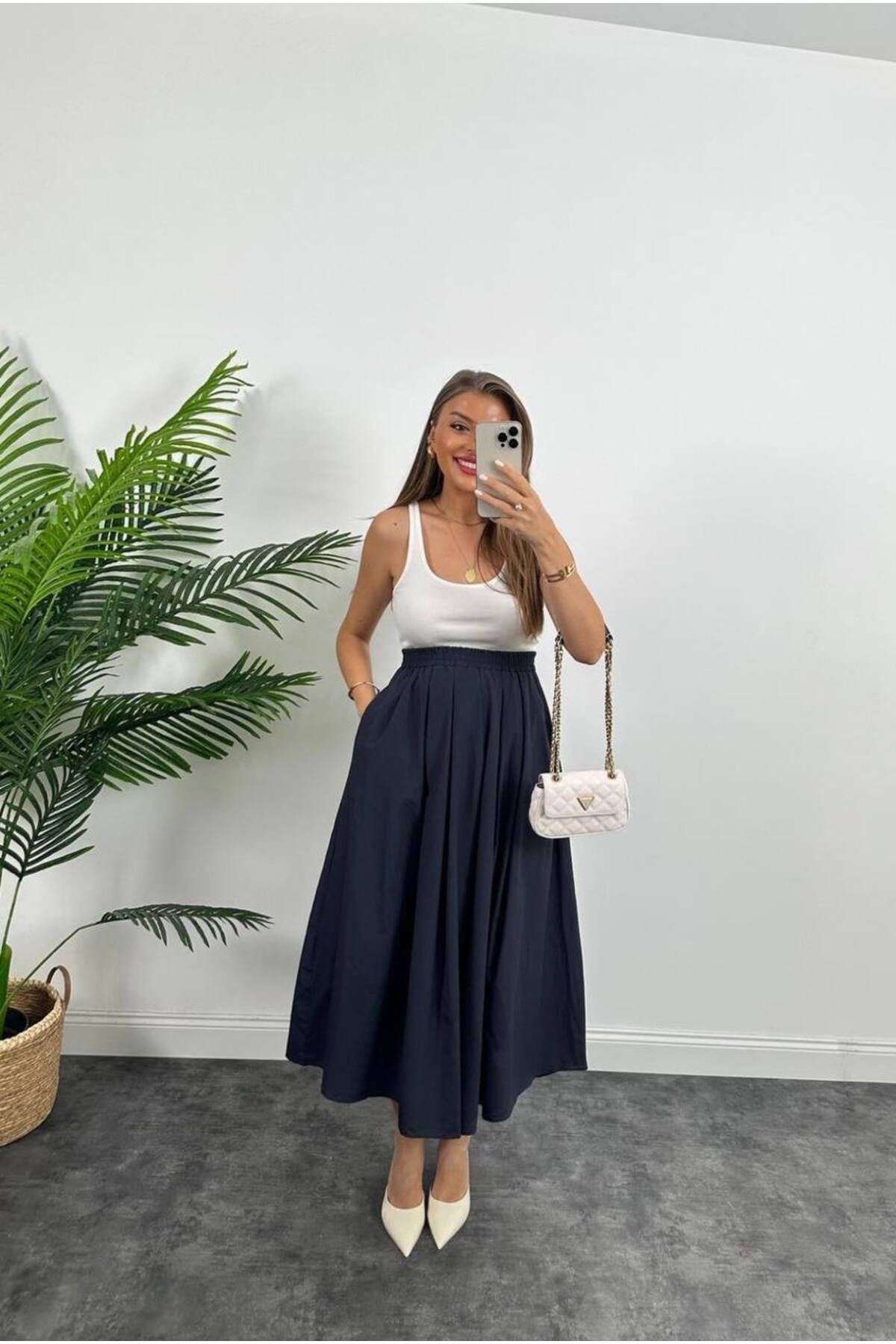 bm bessomoda fashion boutique Kadın Cepli Beli Lastikli Poplin Kloş Uzun Etek
