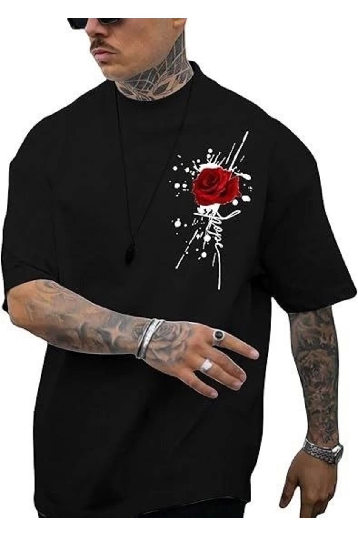MODA Erkek Bisiklet Yaka Kısa Kol Baskılı T-shirt - Siyah