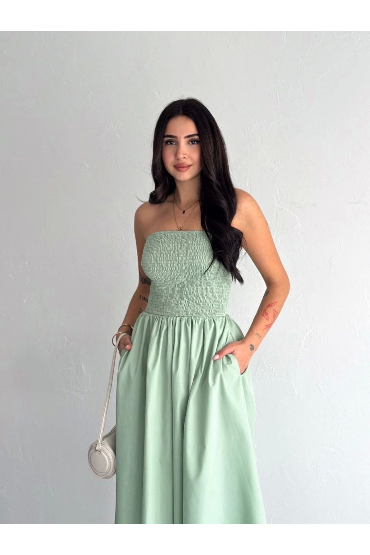 MODA Straplez Pileli Elbise - Su Yeşili