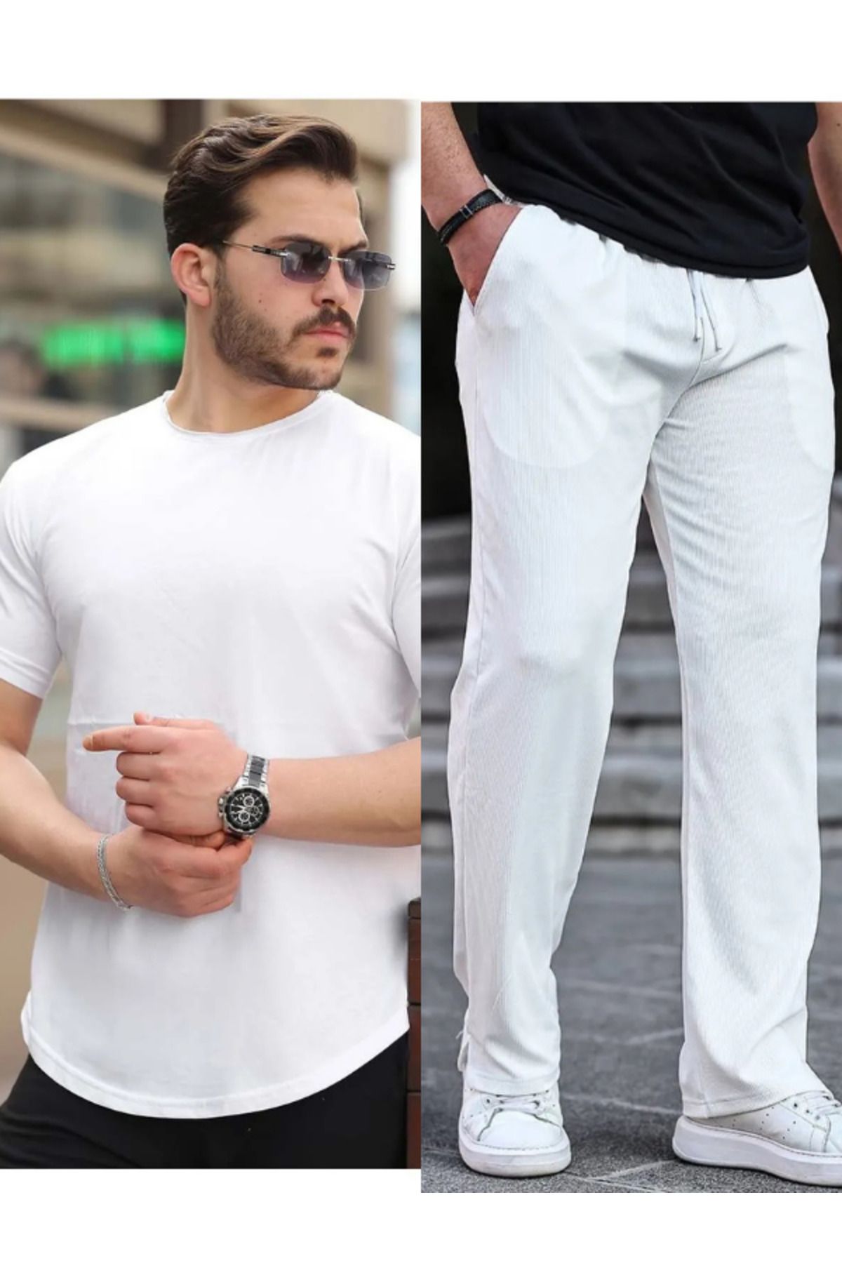 Liberto Erkek Oversize Pis Yaka Tişört + Yırtmaçlı Ottoman Baggy Alt Takım – Rahat ve Sokak Stili Kombin