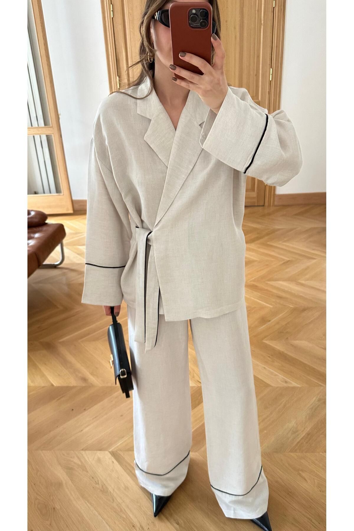 Lady Pixie Bağcıklı Biye Detaylı Kimono Beli Lastikli Pantolon Takım