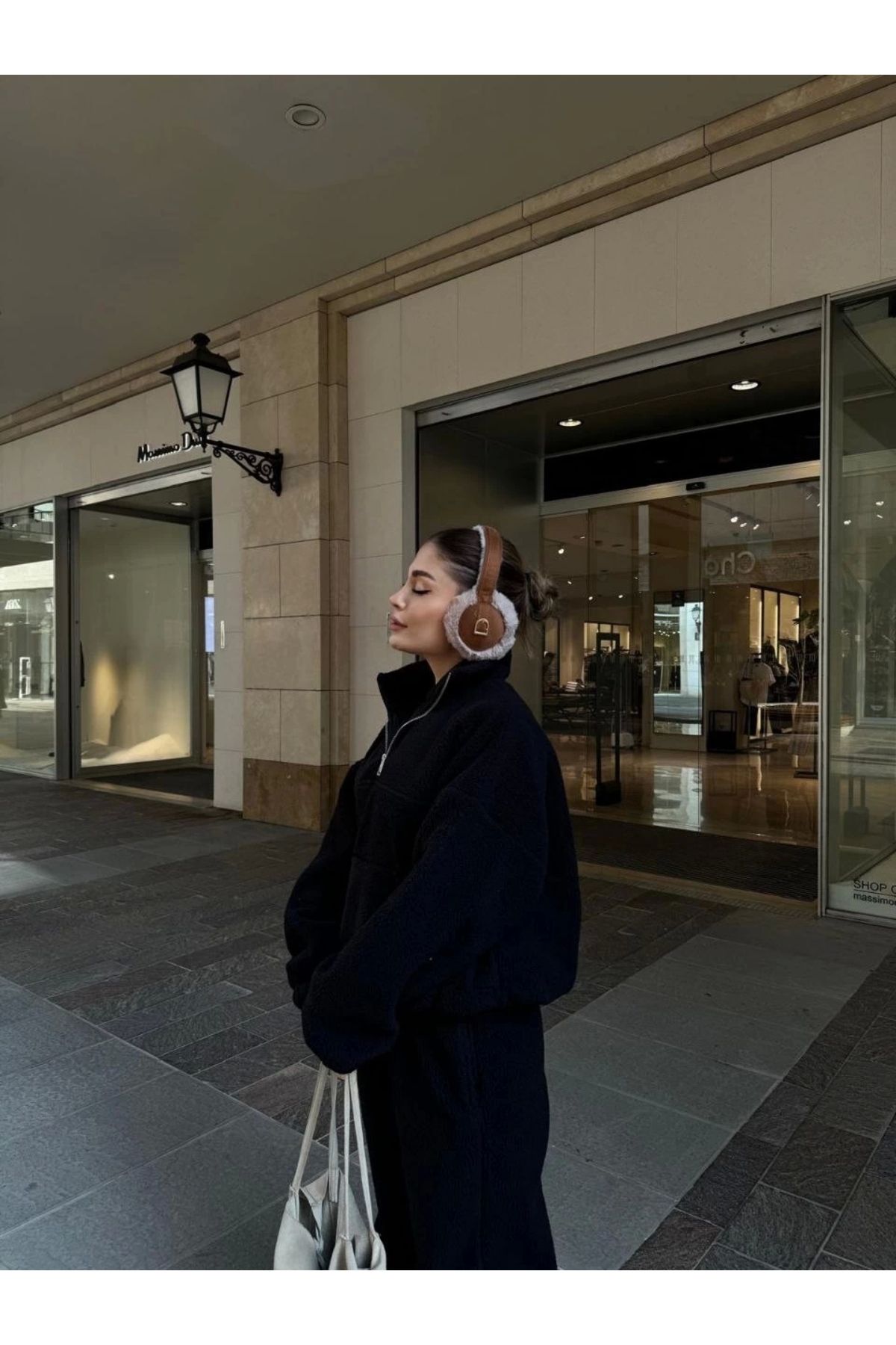 MODA Kalın Polar Yakalı Fermuarlı Sweat Pantalonlu Takım - Siyah