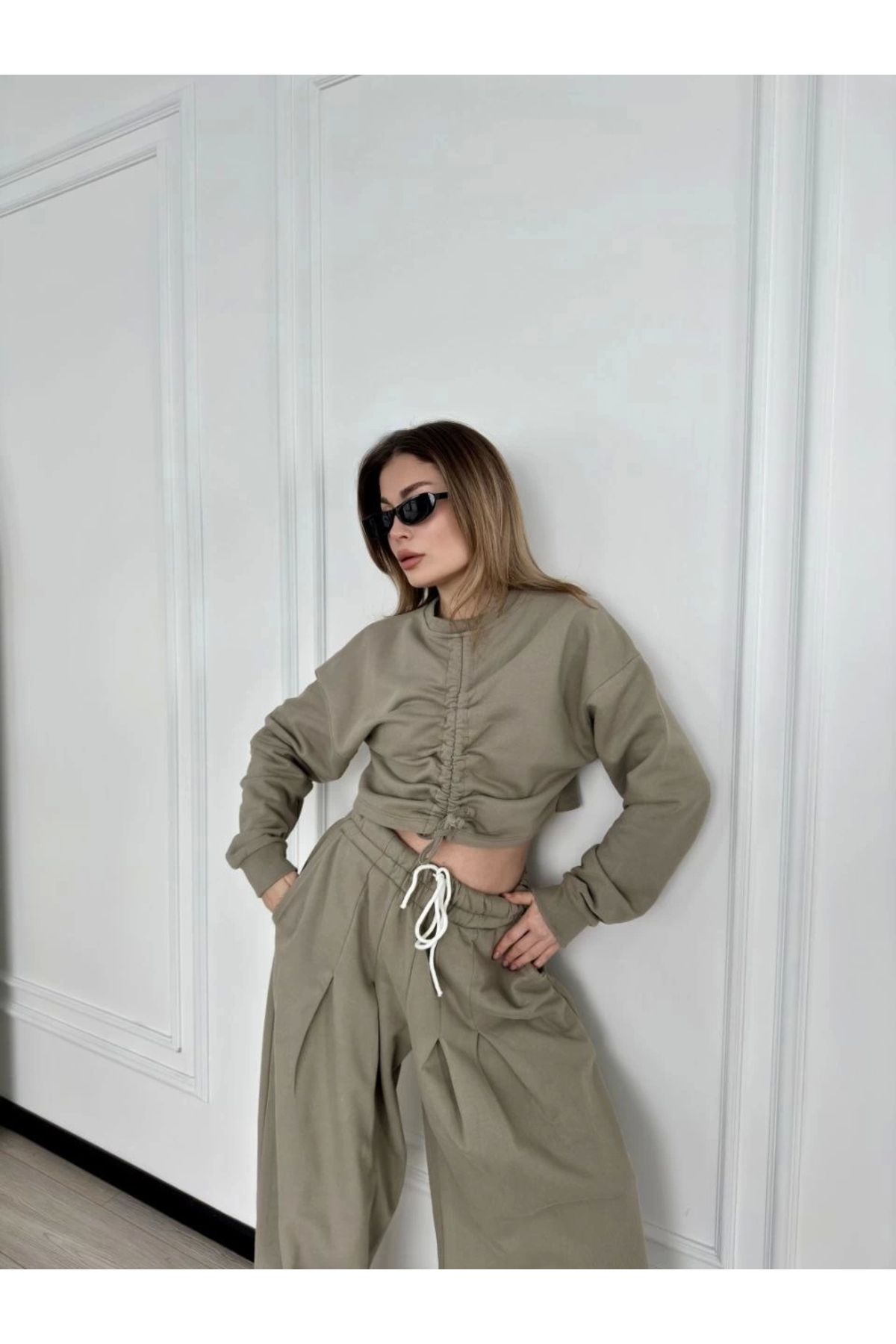 MODA Uzun Kollu Önü İp Büzgülü Crop ve Pantolon İkili Takım - Haki
