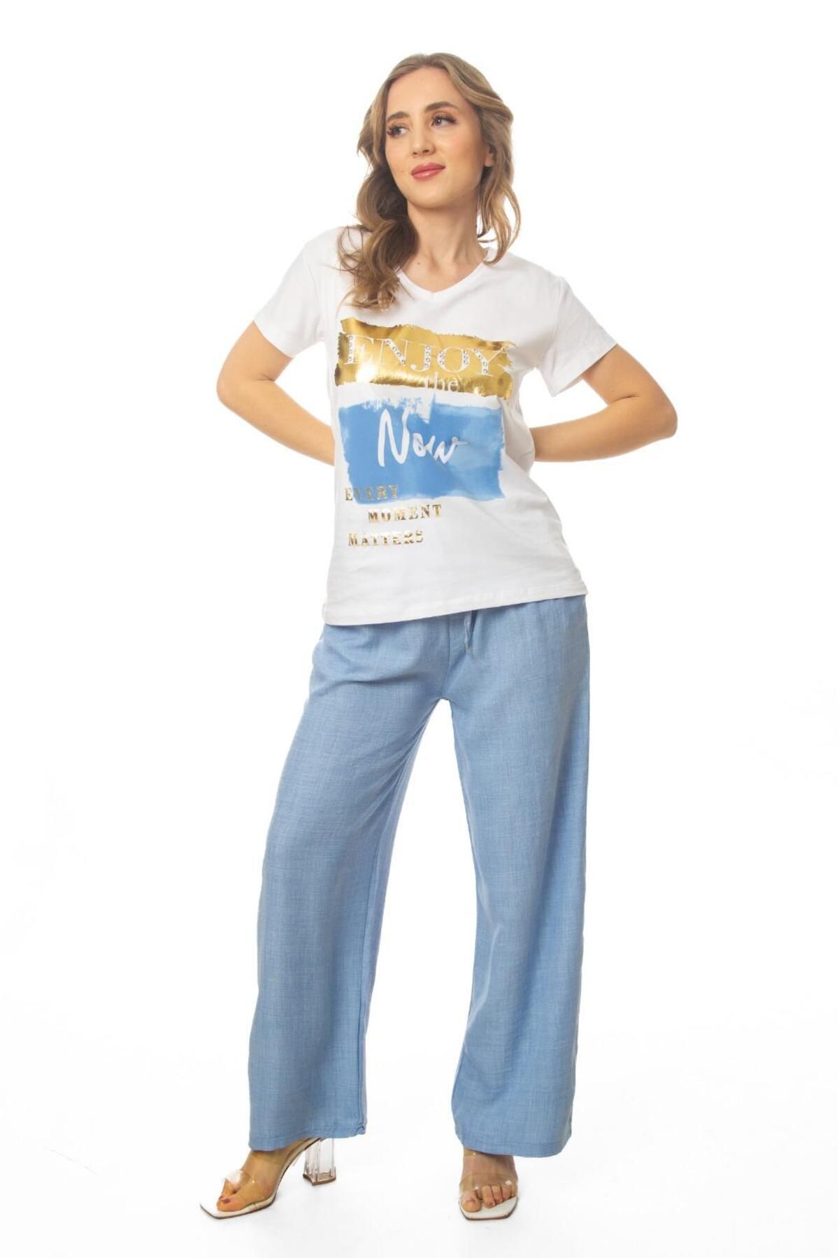 SRANU Yuvarlak Yaka Varak baskılı T-Shirt