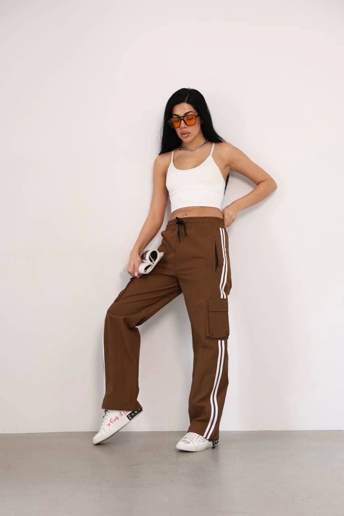 MODA Praşut Kumaş Kargo Çeplı Baggy Esofman - Kahve