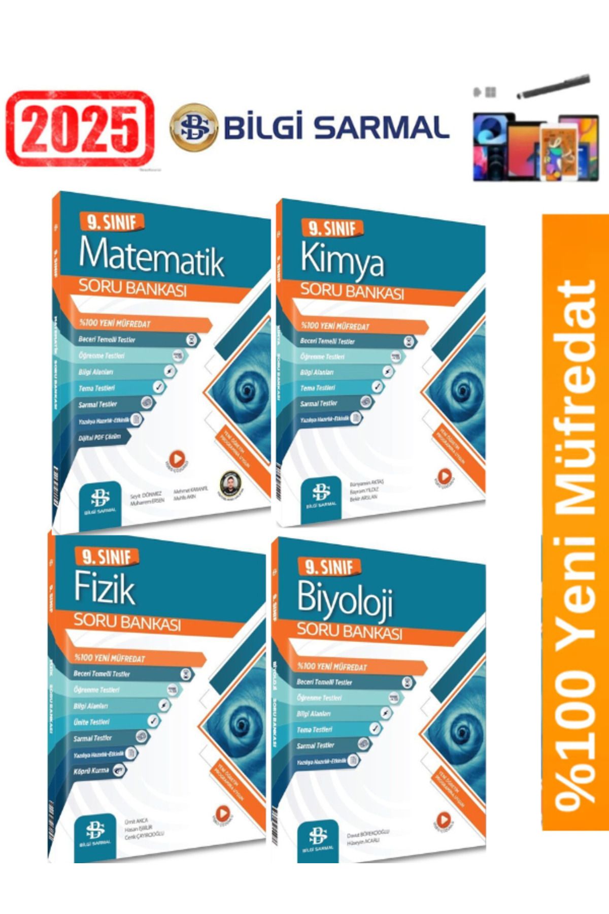 Bilgi Sarmal Yayınları 2025 9.Sınıf Matematik-Fizik-Kimya-Biyoloji Soru Bankası Seti(4 Kitap)+Android Kalem