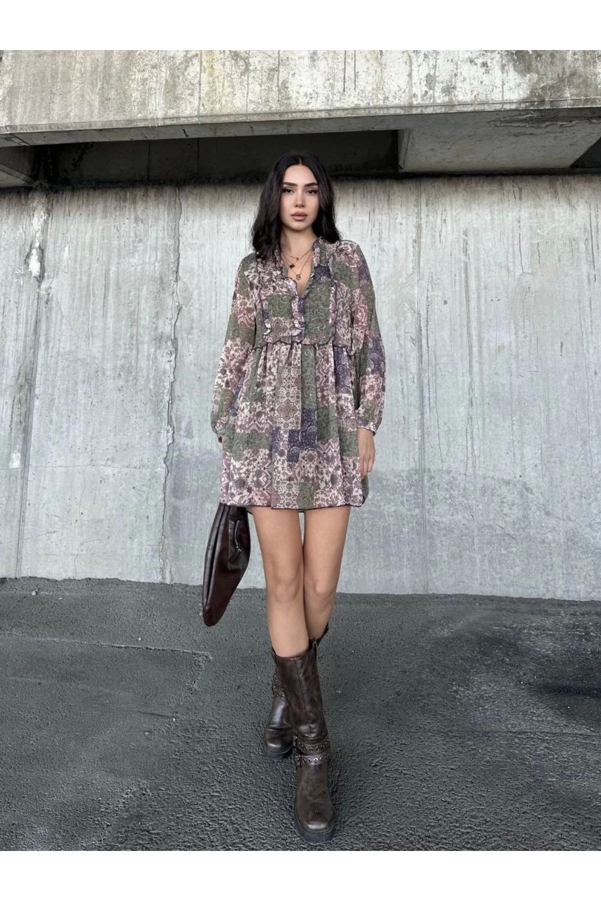 MODA içi astarlı Şifon Elbise - Desenli