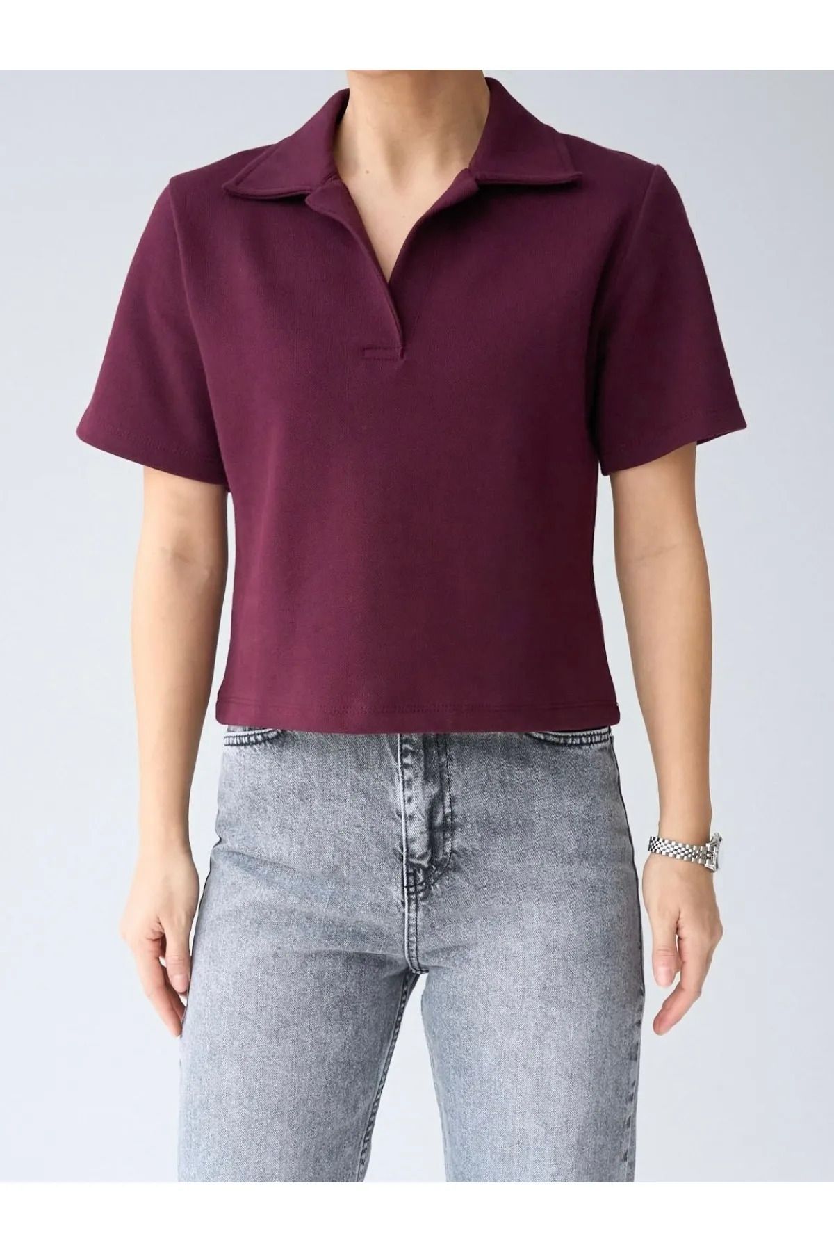 bysedaortac Kadın Örme Kumaş Polo Yaka Düğmesiz Polo Yaka Kısa T-Shirt