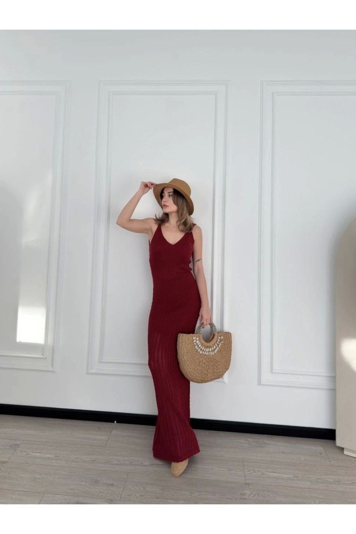 MODA Örgülü Uzun Triko Elbise - Bordo