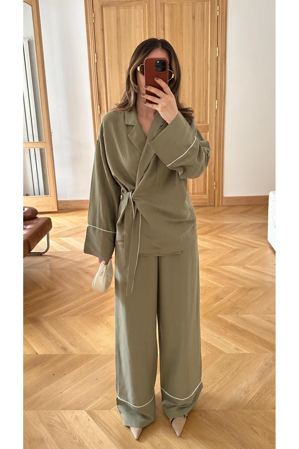 Lady Pixie Bağcıklı Biye Detaylı Kimono Beli Lastikli Pantolon Takım