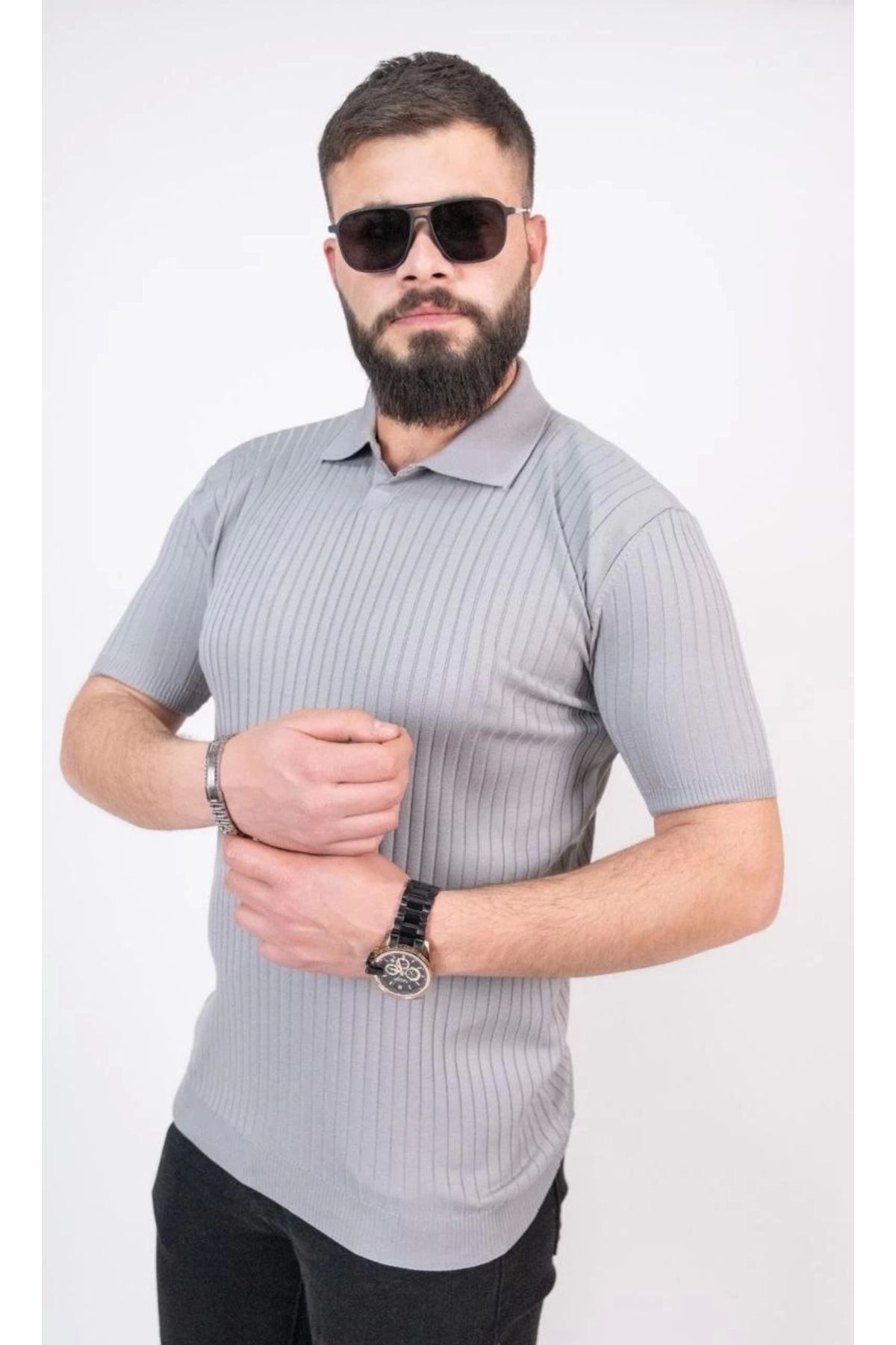 MODA Triko Dokuma Yakalı T-shirt - Gri