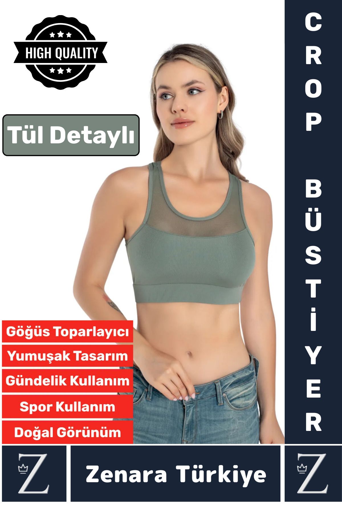Zenara Yüksek Kalite Göğüs Toparlayıcı Sarkma Önleyen Spor Gündelik Kullanım Tül Detaylı Şık Crop Büstiyer