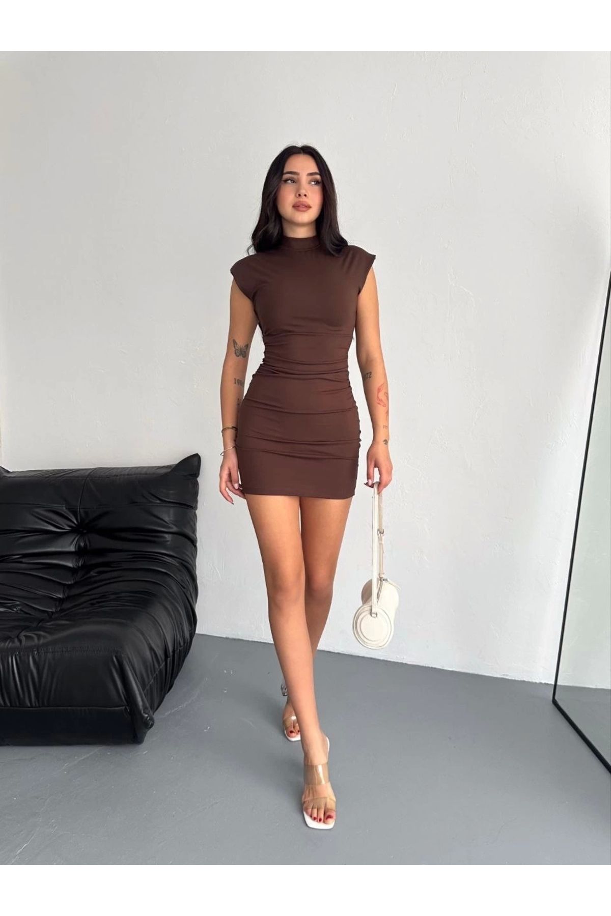 MODA Yarım Bogazlı Kolsuz Mini Boy Elbise - Kahve