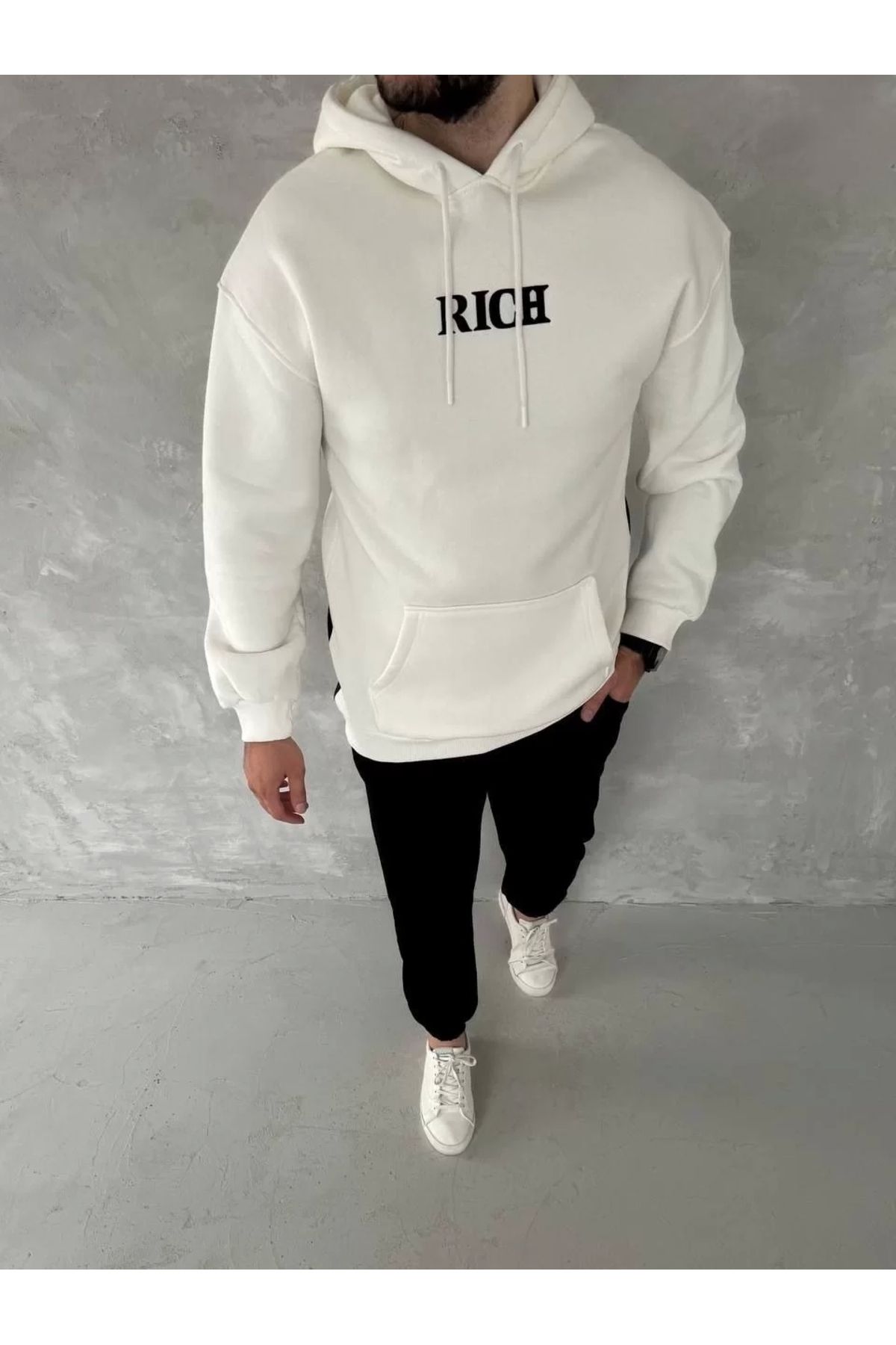 MODA Uzun Kol Kapşonlu Göğüs Baskılı SweatShirt - Beyaz
