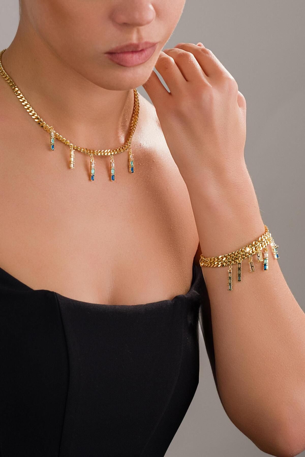 STYLE OF CARMEN MAVİ ZİRKON TAŞLI KOLYE VE BİLEKLİK SETİ HALHAL OLARAK KULLANILABİLEN