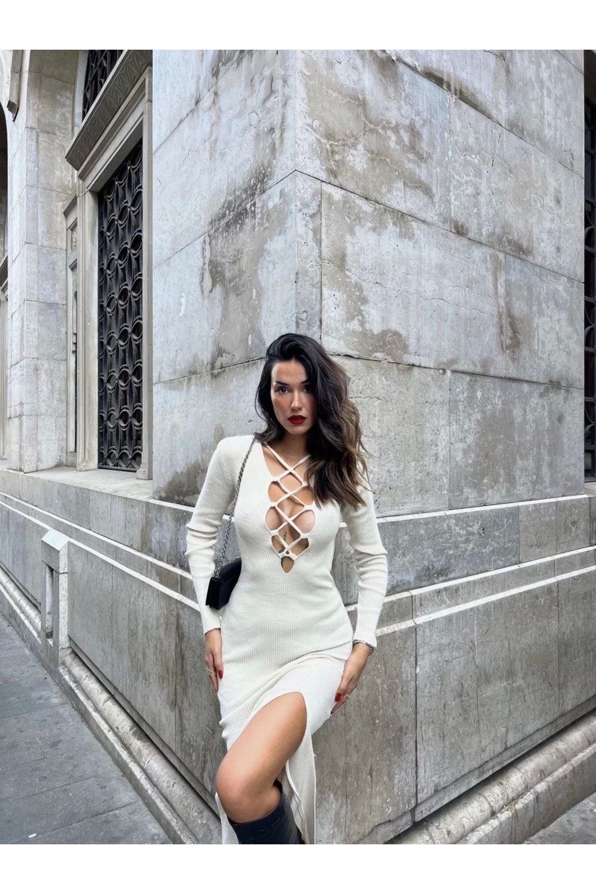 MODA Çapraz Dekolte Fitilli Triko Elbise - Beyaz
