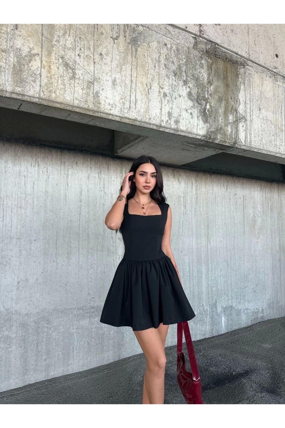 MODA Kolsuz Mini Elbise- Siyah