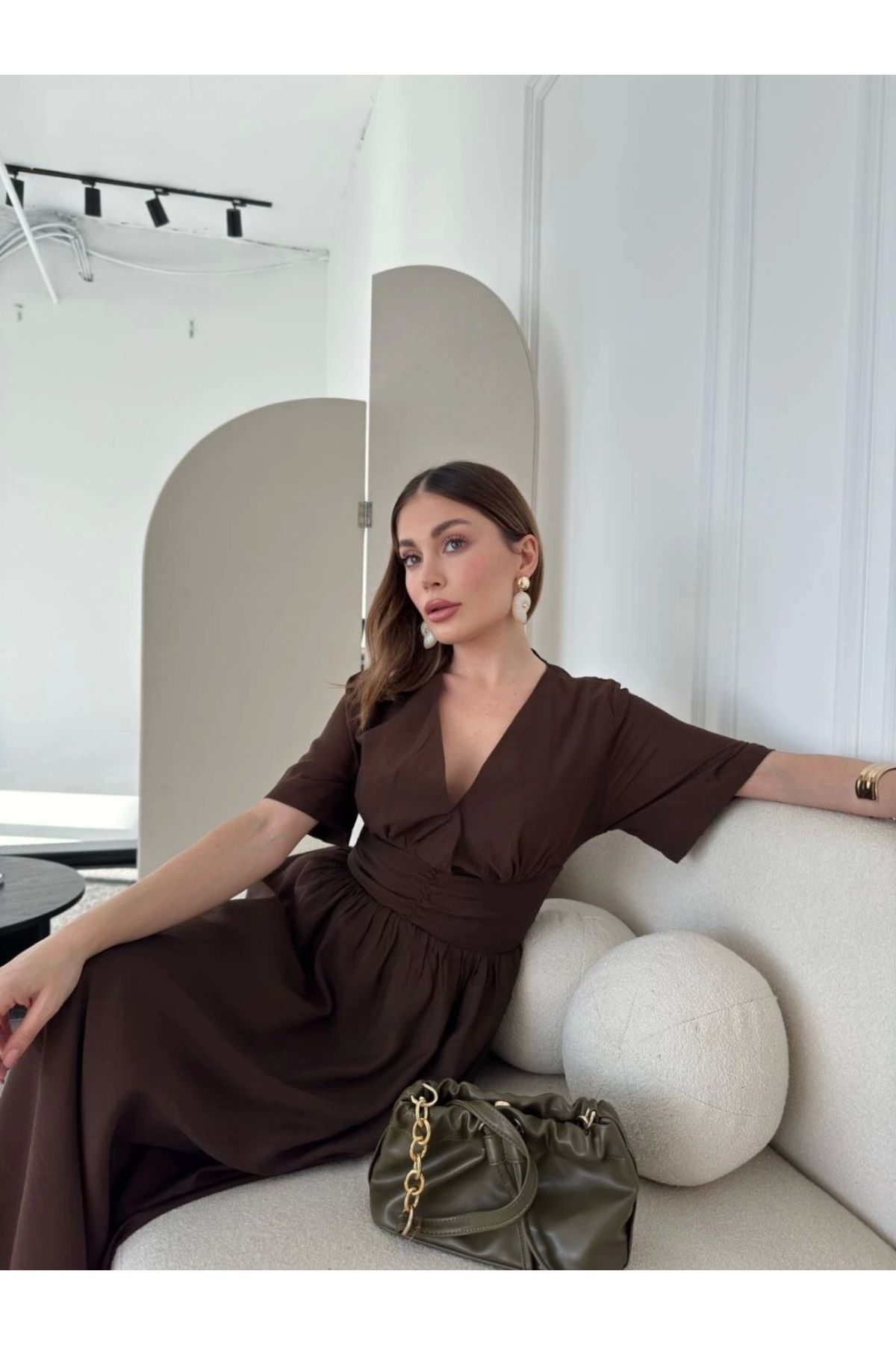 MODA Kısa Kollu Uzun Elbise - Kahve