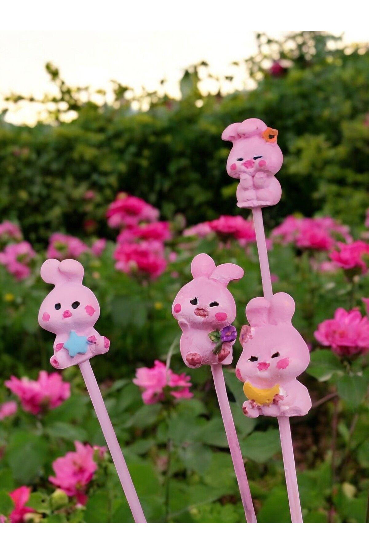 Dekoratif ' Pembe Mini Tavşan Ailesi' Saksı Süsü (4 adet)