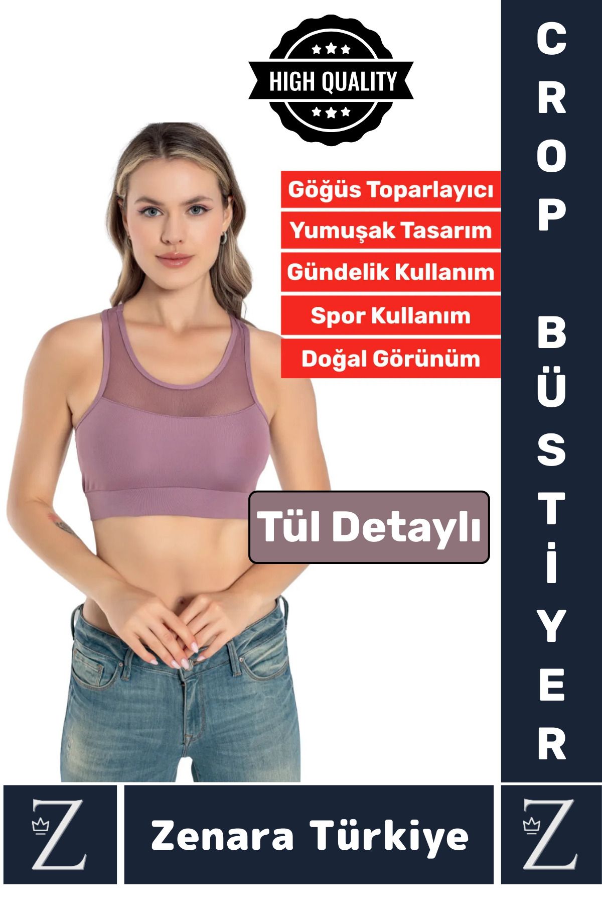 Zenara Yüksek Kalite Göğüs Toparlayıcı Sarkma Önleyen Spor Gündelik Kullanım Tül Detaylı Şık Crop Büstiyer