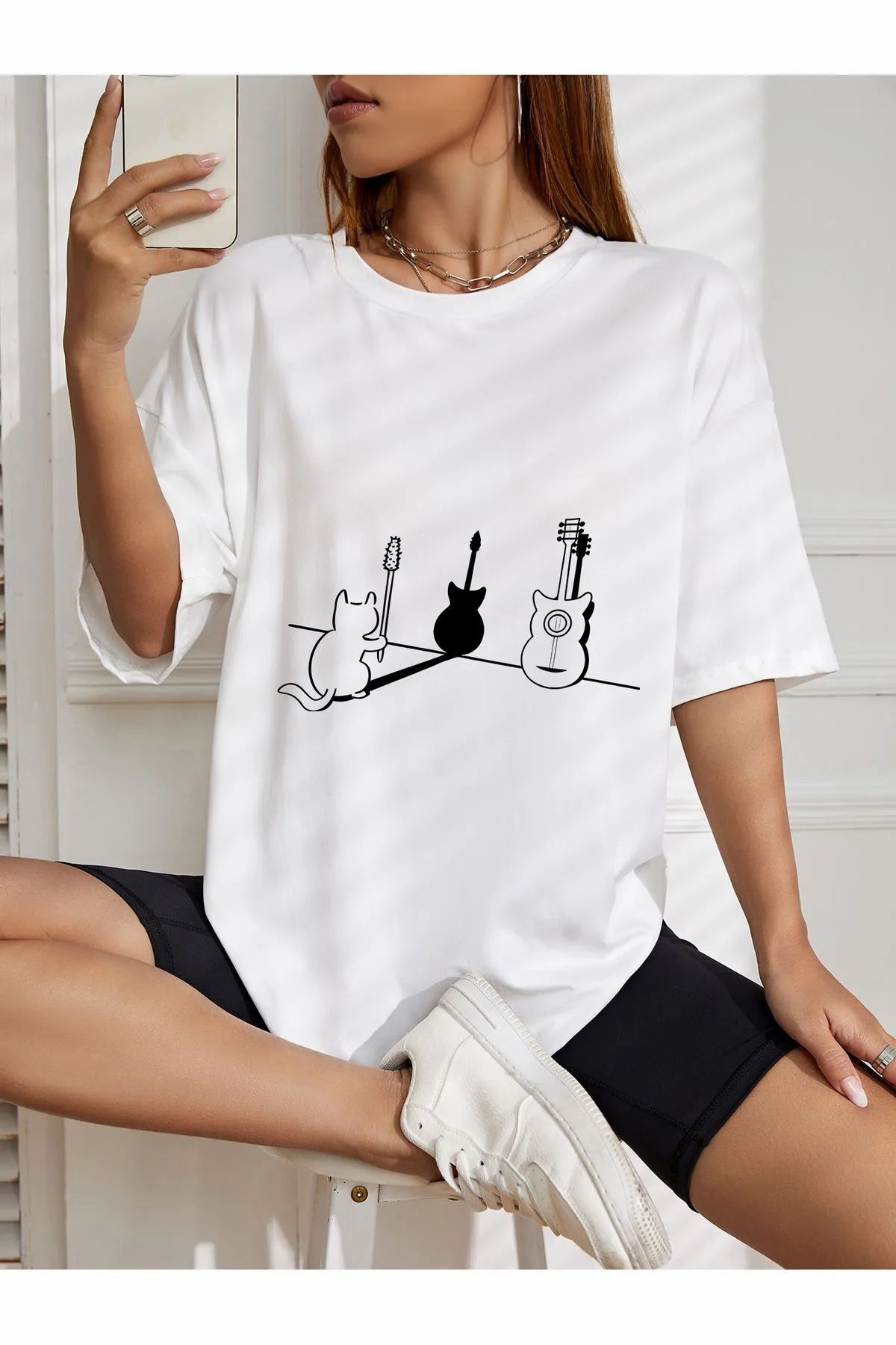 ship master oversize fare ile gitar baskılı T-shirt