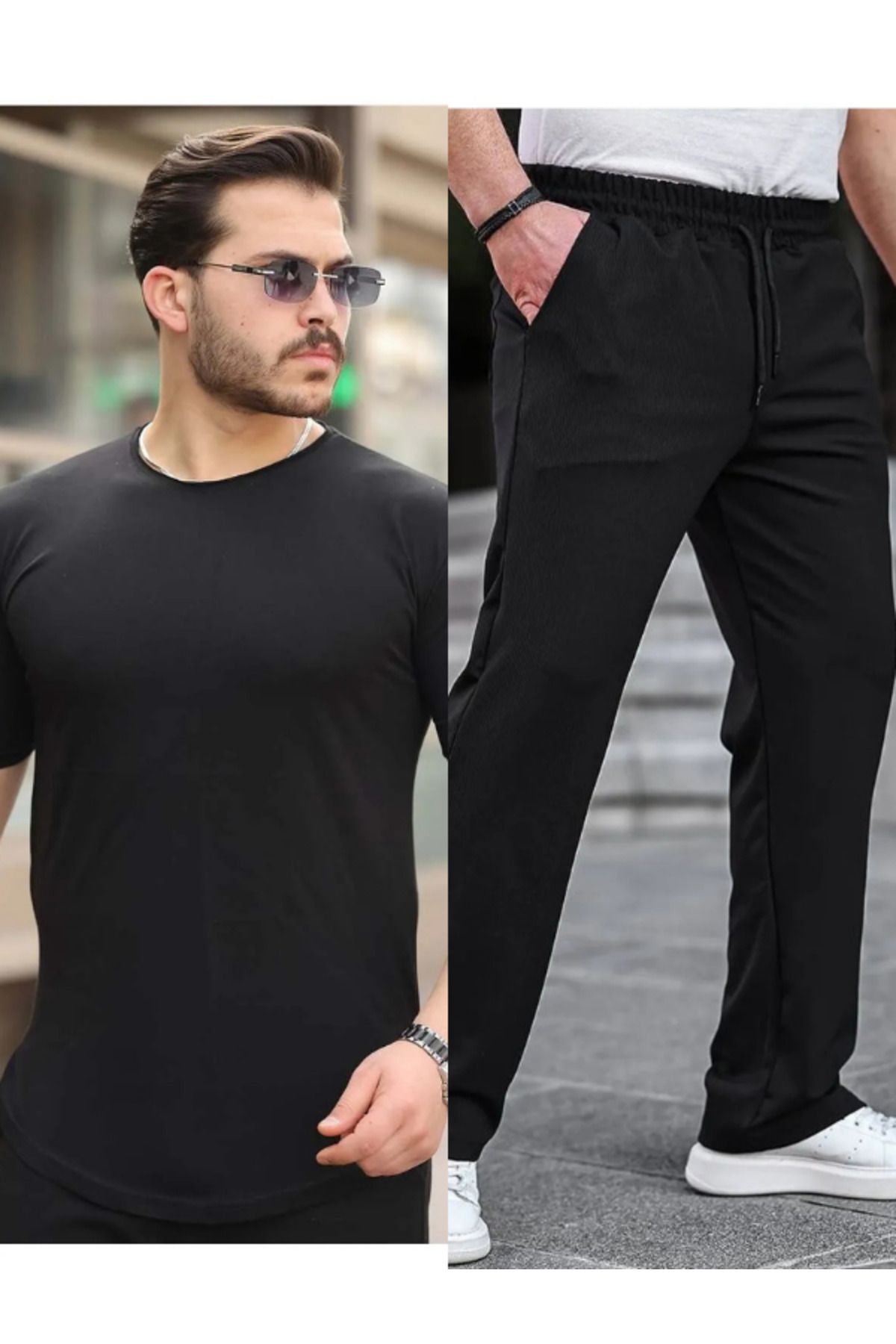 Liberto Erkek Oversize Pis Yaka Tişört + Yırtmaçlı Ottoman Baggy Alt Takım – Rahat ve Sokak Stili Kombin