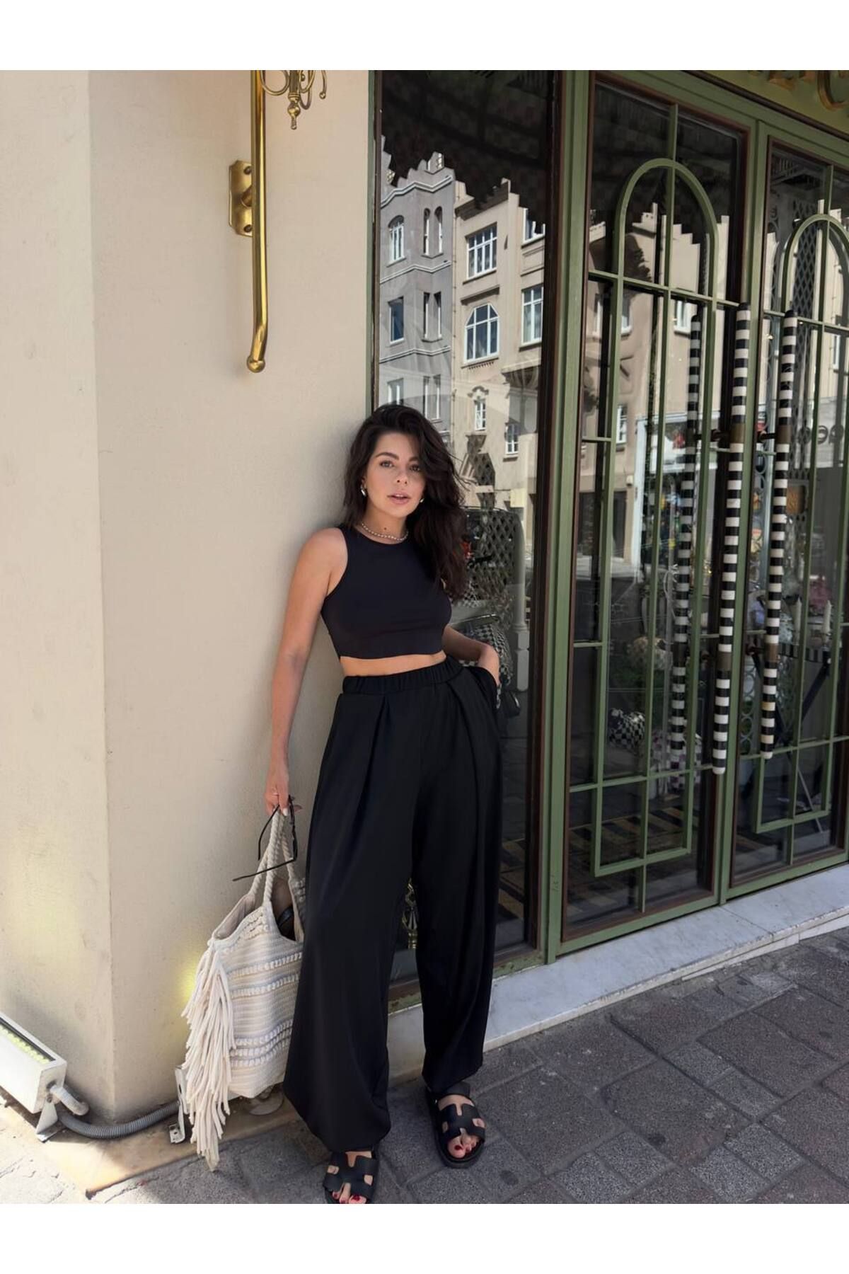 LB Laluna Butik Kadın Crop Bluz Ve Şalvar Takım Dökümlü Modal Kumaş