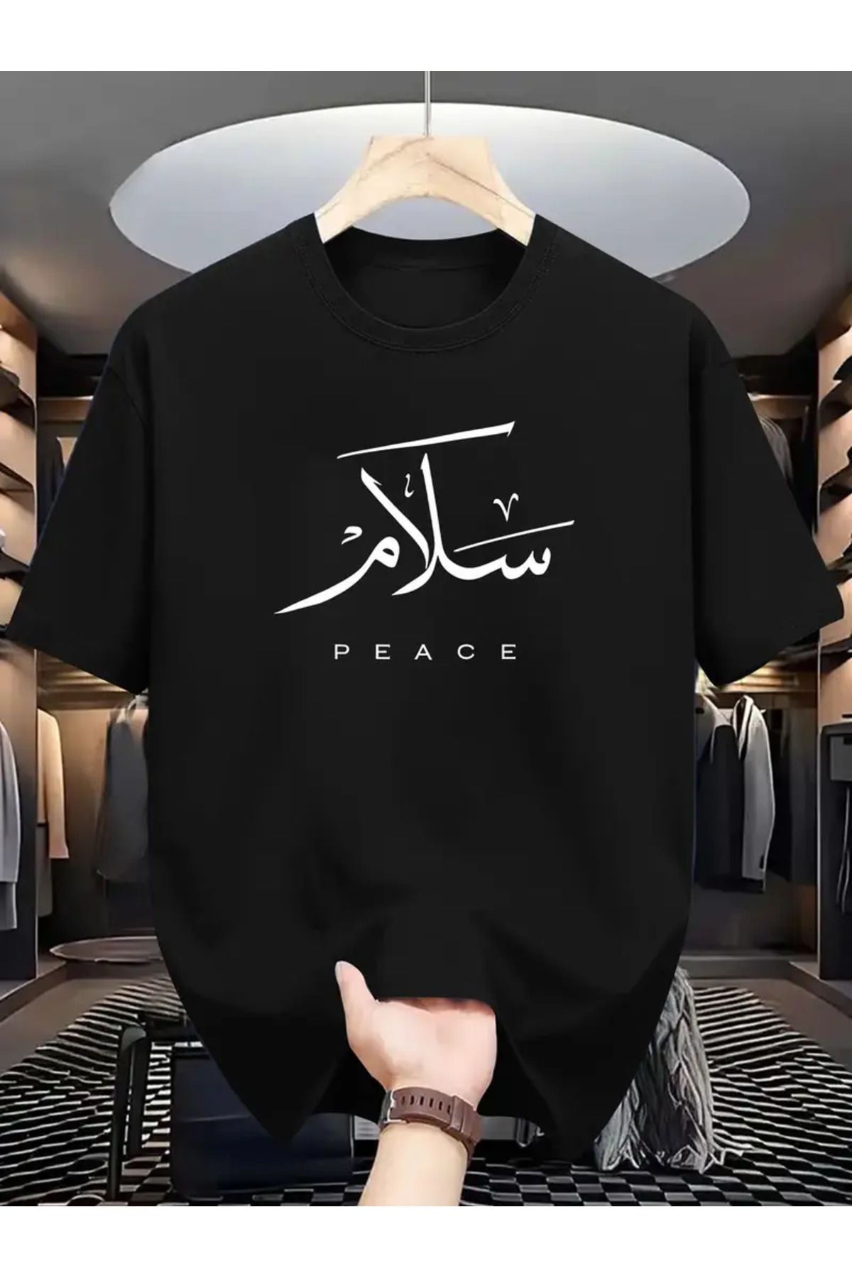 LAND MODA Erkek Mavi Renkli Casual Tişört - Arapça Hat Sanatı "Salam" ve "Barış