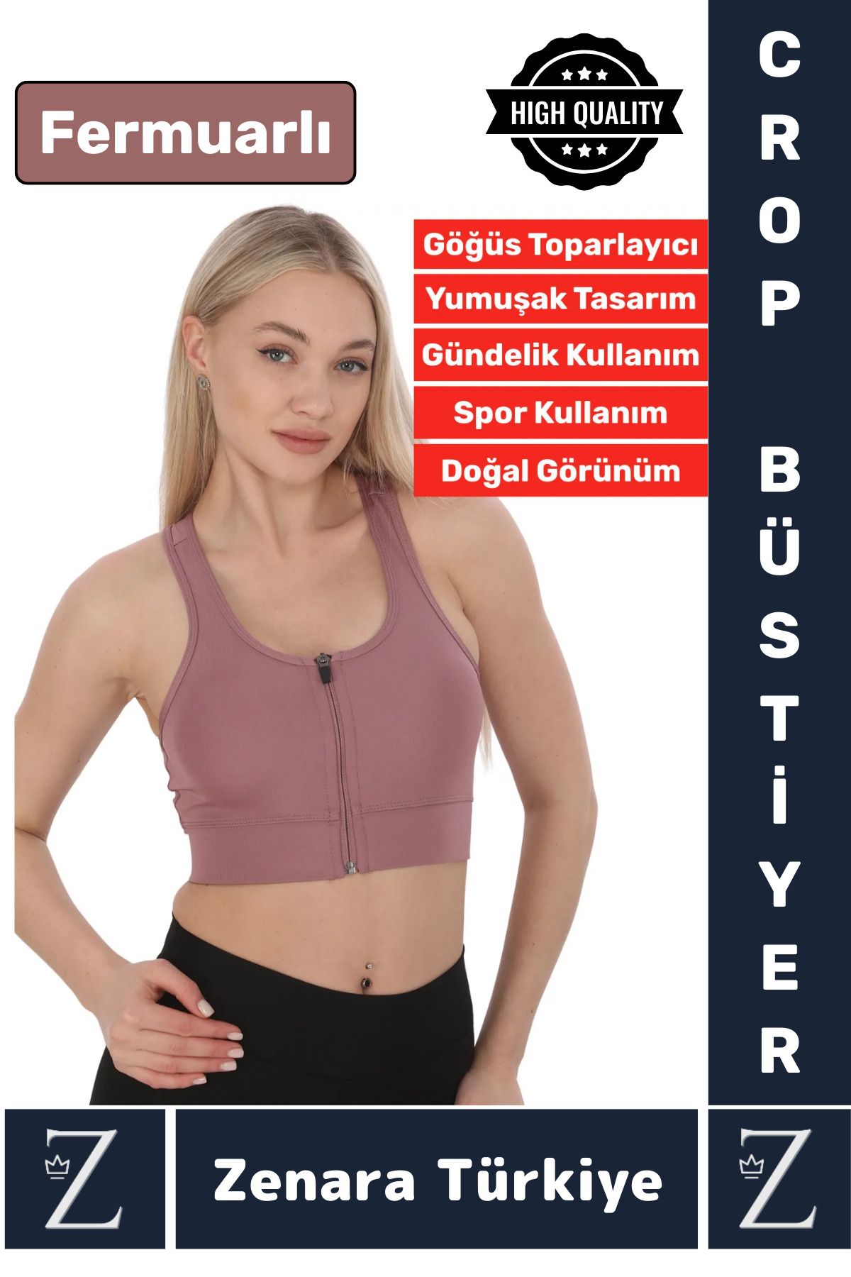 Zenara Yüksek Kaliteli Sarkma Önleyen Göğüs Toparlayıcı Spor Gündelik Kullanım Fermuarlı Şık Crop Büstiyer