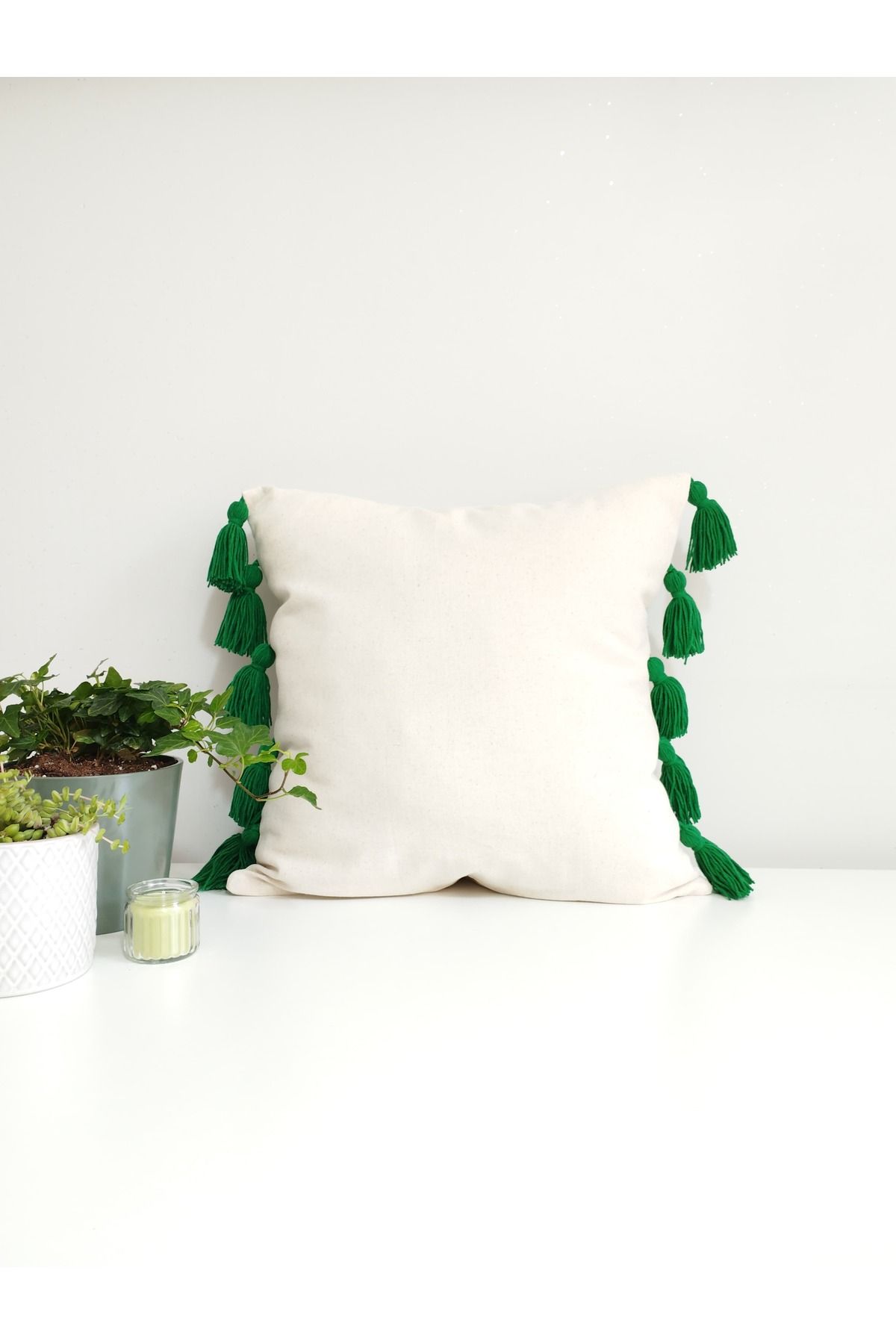 shop Ekru Püskül Detaylı Bohem Keten Kumaş Kırlent