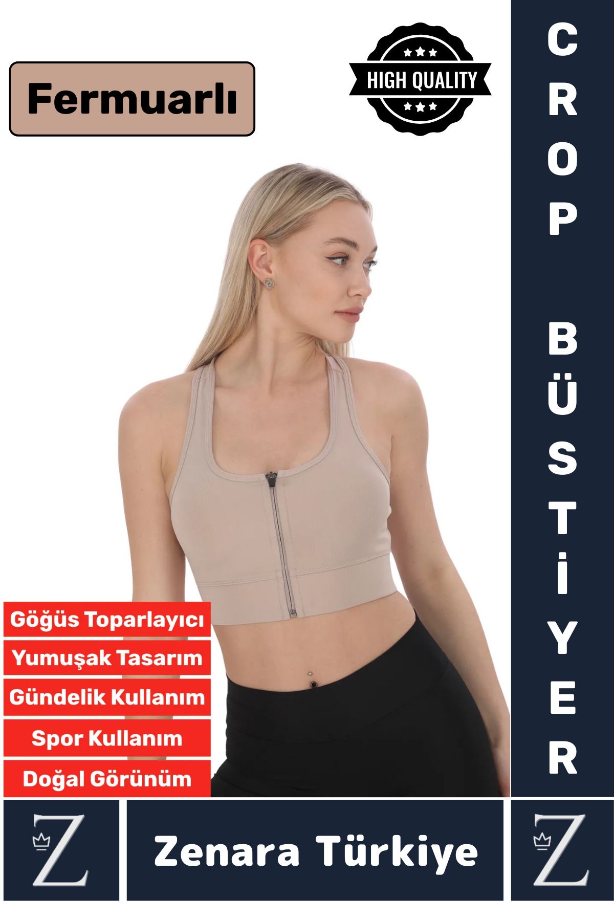 Zenara Yüksek Kaliteli Sarkma Önleyen Göğüs Toparlayıcı Spor Gündelik Kullanım Fermuarlı Şık Crop Büstiyer
